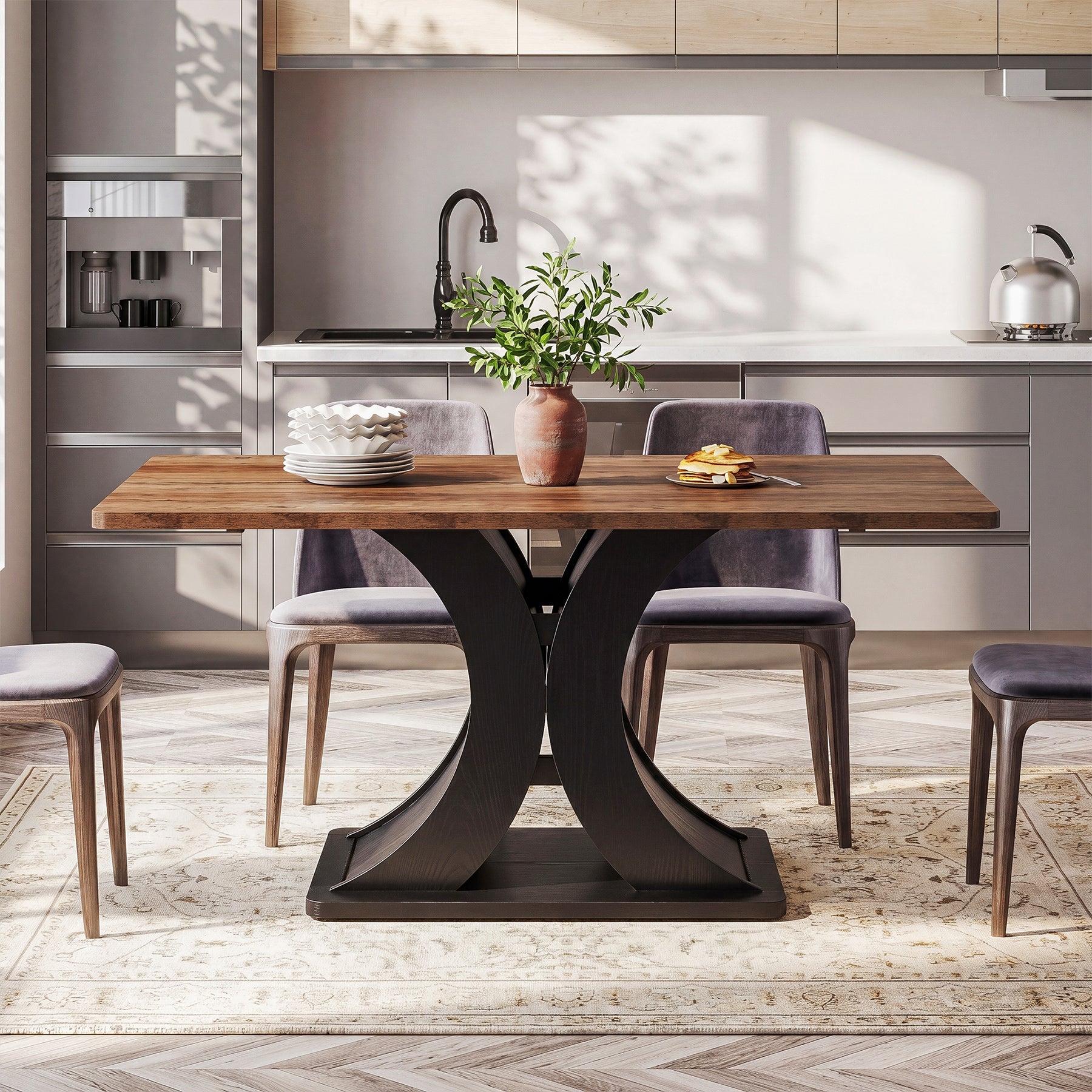 Mesa de comedor de 140 cm para 4-6 personas, Mesa de cocina rectangular de estilo rústico con base metálica estable