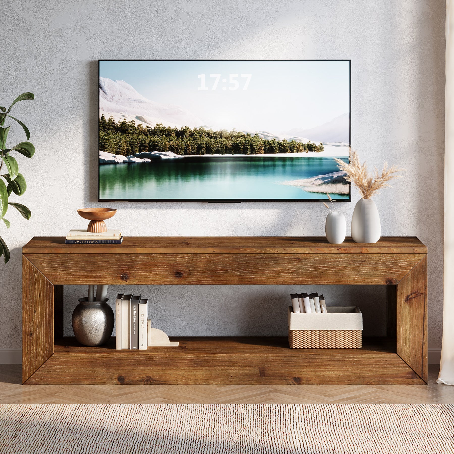 Tribesigns Mueble de TV de 120 cm de madera maciza con almacenamiento, Mueble bajo rústico para equipos multimedia