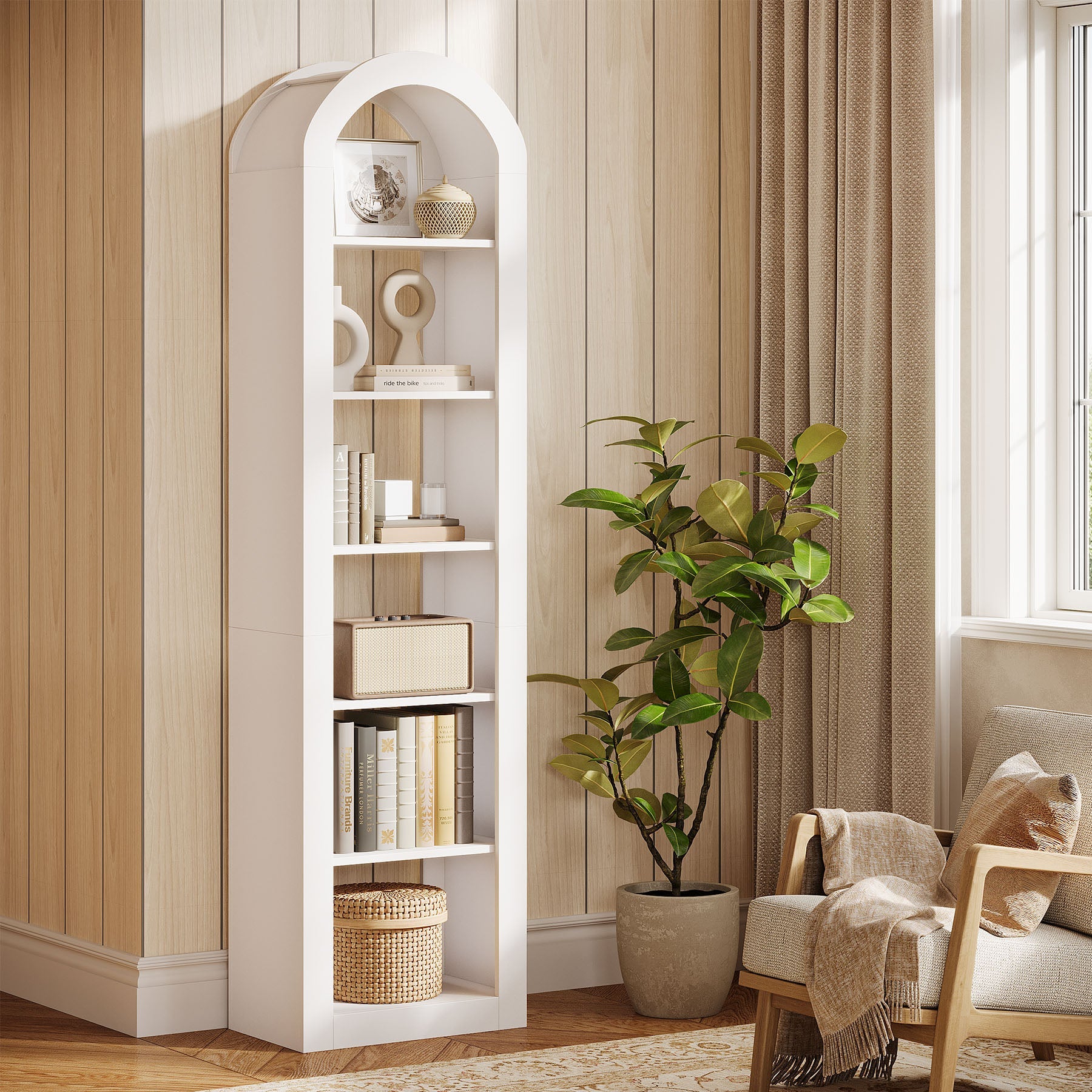 Tribesigns Librería alta de 190 cm con forma arqueada, Estante independiente estrecho de 6 niveles