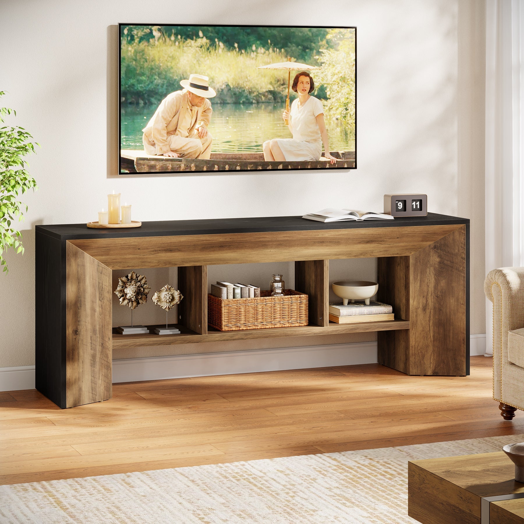 Mueble para TV de 160 cm, Mueble multimedia de 3 compartimentos para salón