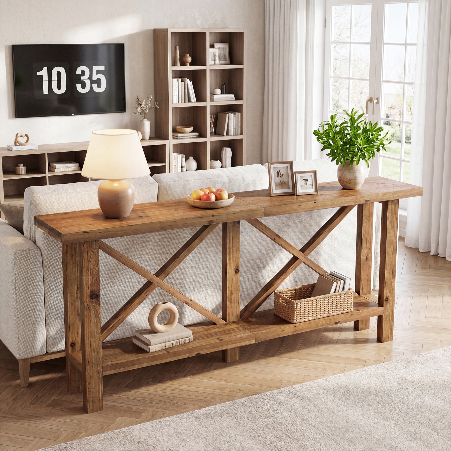 Mesa consola estrecha de 180 cm, Mesa de recibidor de madera maciza de 2 niveles