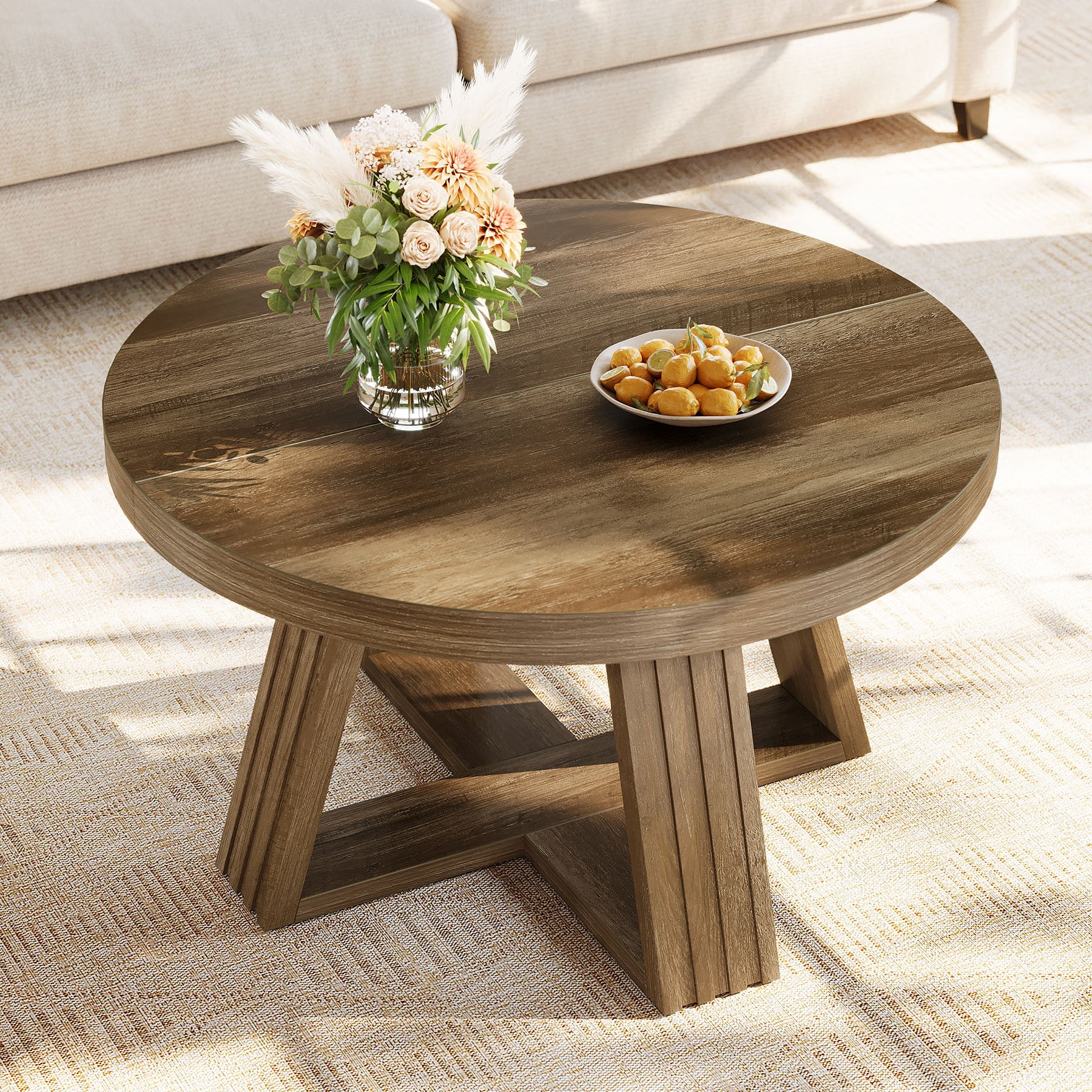Tribesigns Mesa de centro redondade 80 cm, Estilo rústico mesa de salón con vetas de madera y estructura en cruz