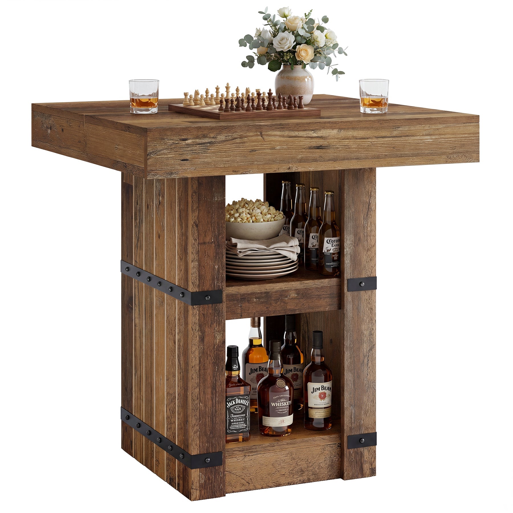 Tribesigns Mesa de bar de 80 × 80 cm con almacenamiento, Mesa alta de 95 cm mesa de cocina de estilo rústico industrial