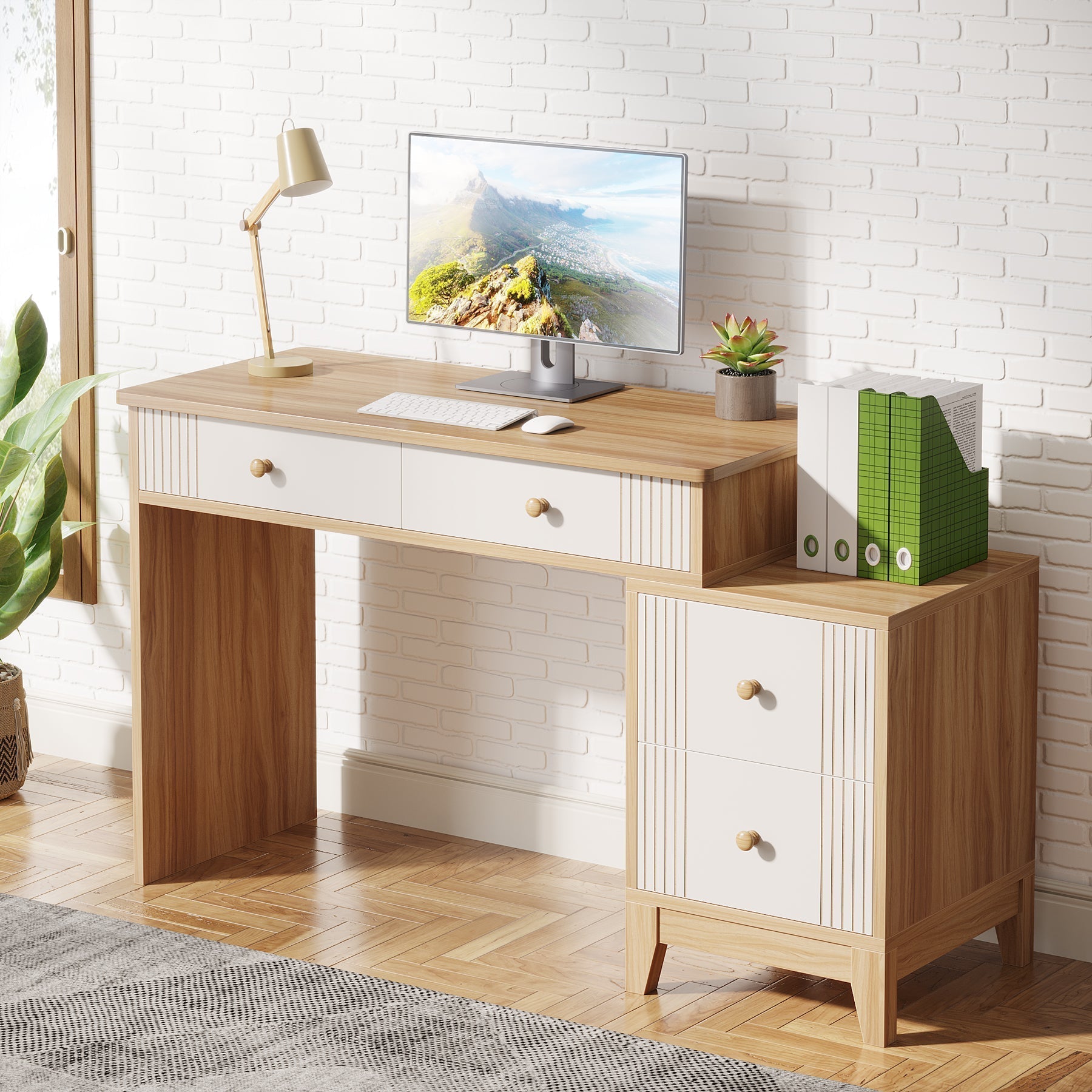 4-Drawer Computer Desk, Wooden Study Writing Table with Storage Tribesigns
