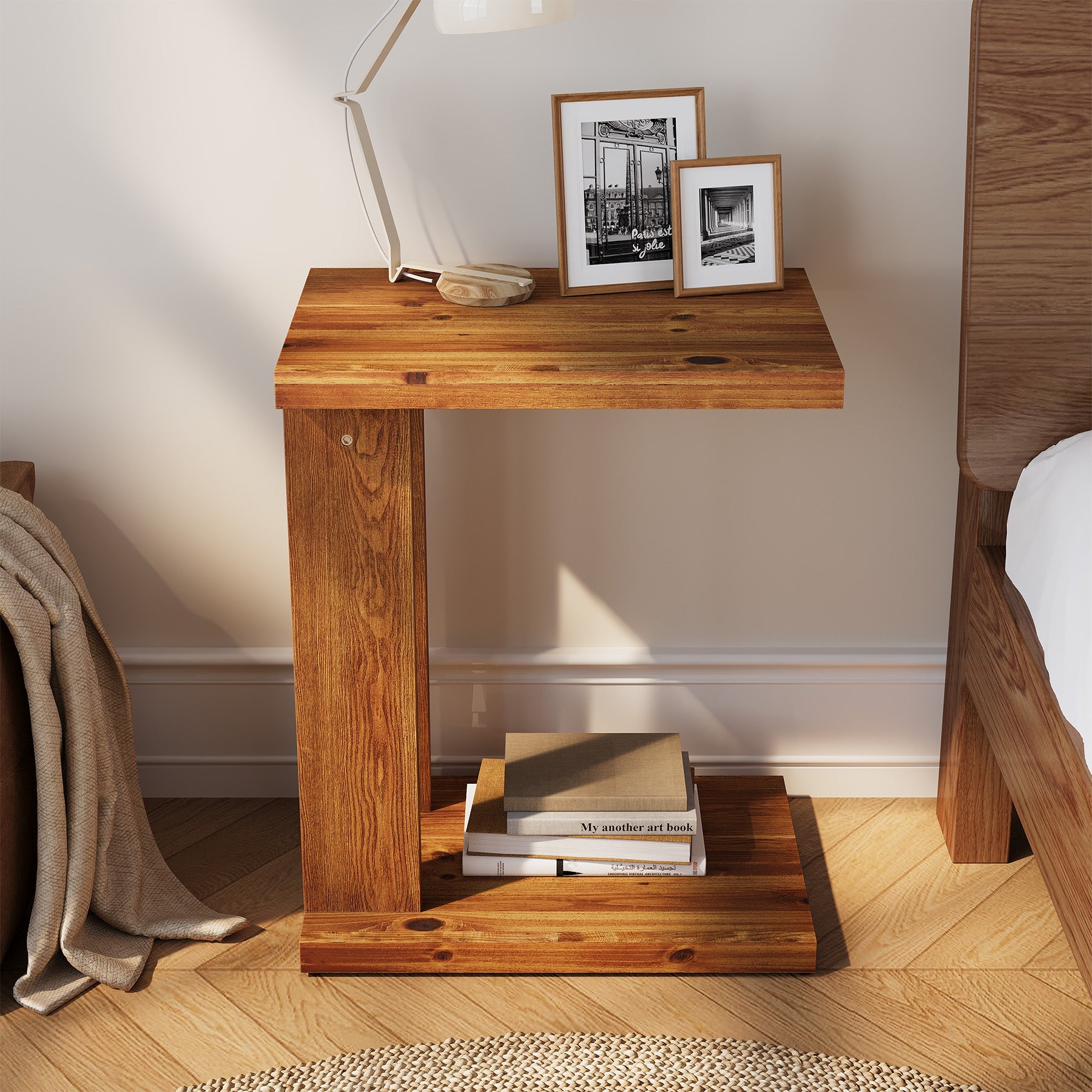 Tribesigns Mesita auxiliar de 50x35x60 cm en forma de C, Mesita de noche de dos niveles de madera maciza con construcción estable para el dormitorio