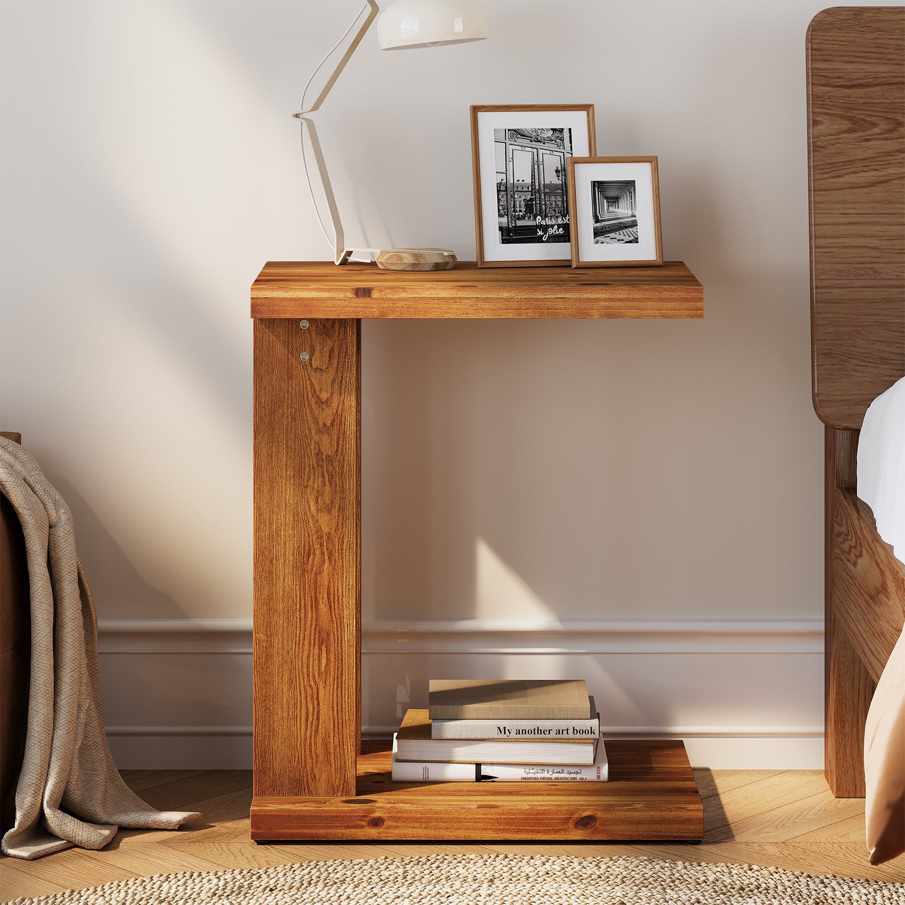 Tribesigns Mesita auxiliar de 50x35x60 cm en forma de C, Mesita de noche de dos niveles de madera maciza con construcción estable para el dormitorio