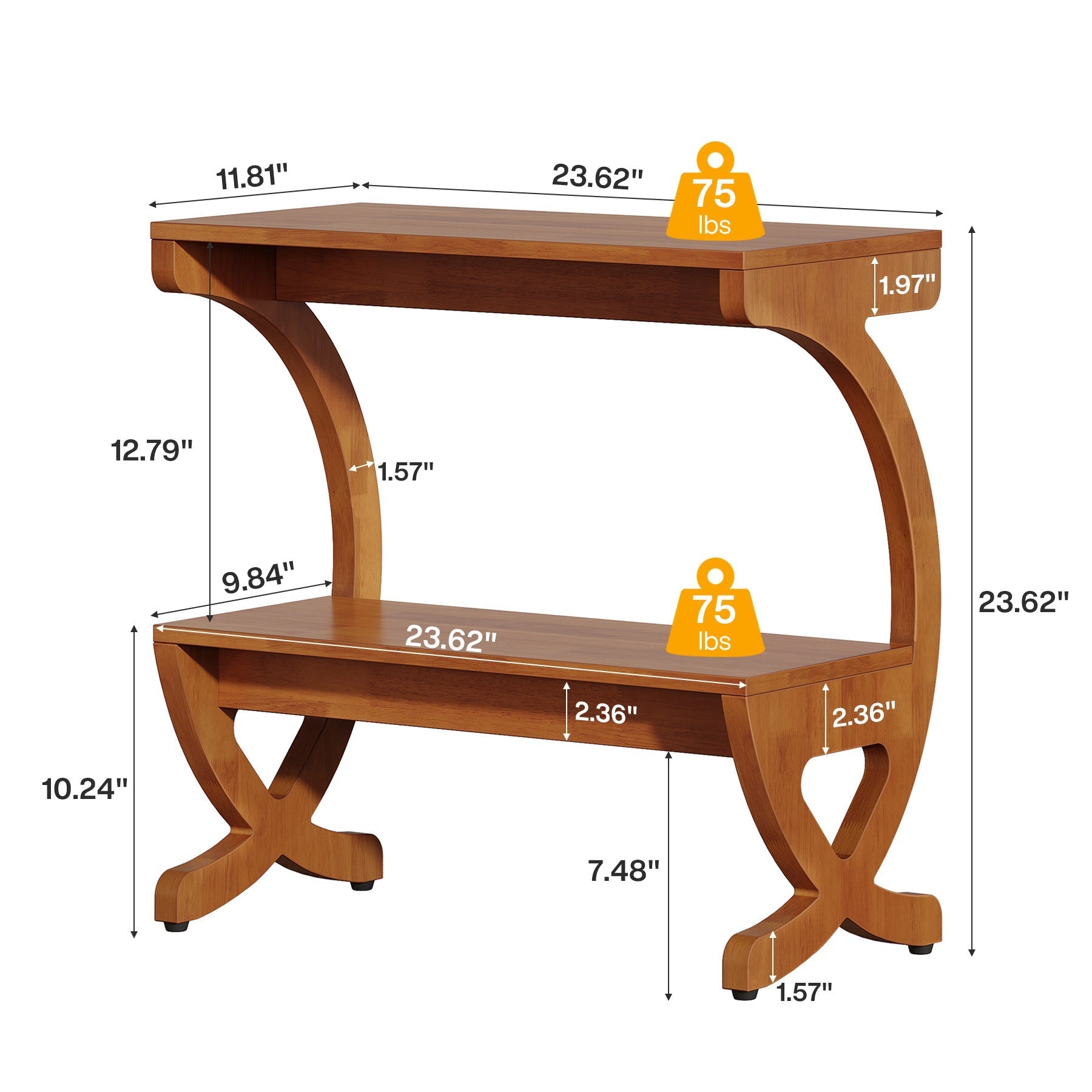 Tribesigns Mesita auxiliar de madera maciza con estante, Mesita de noche estrecha de 2 niveles con diseño de mediados de siglo