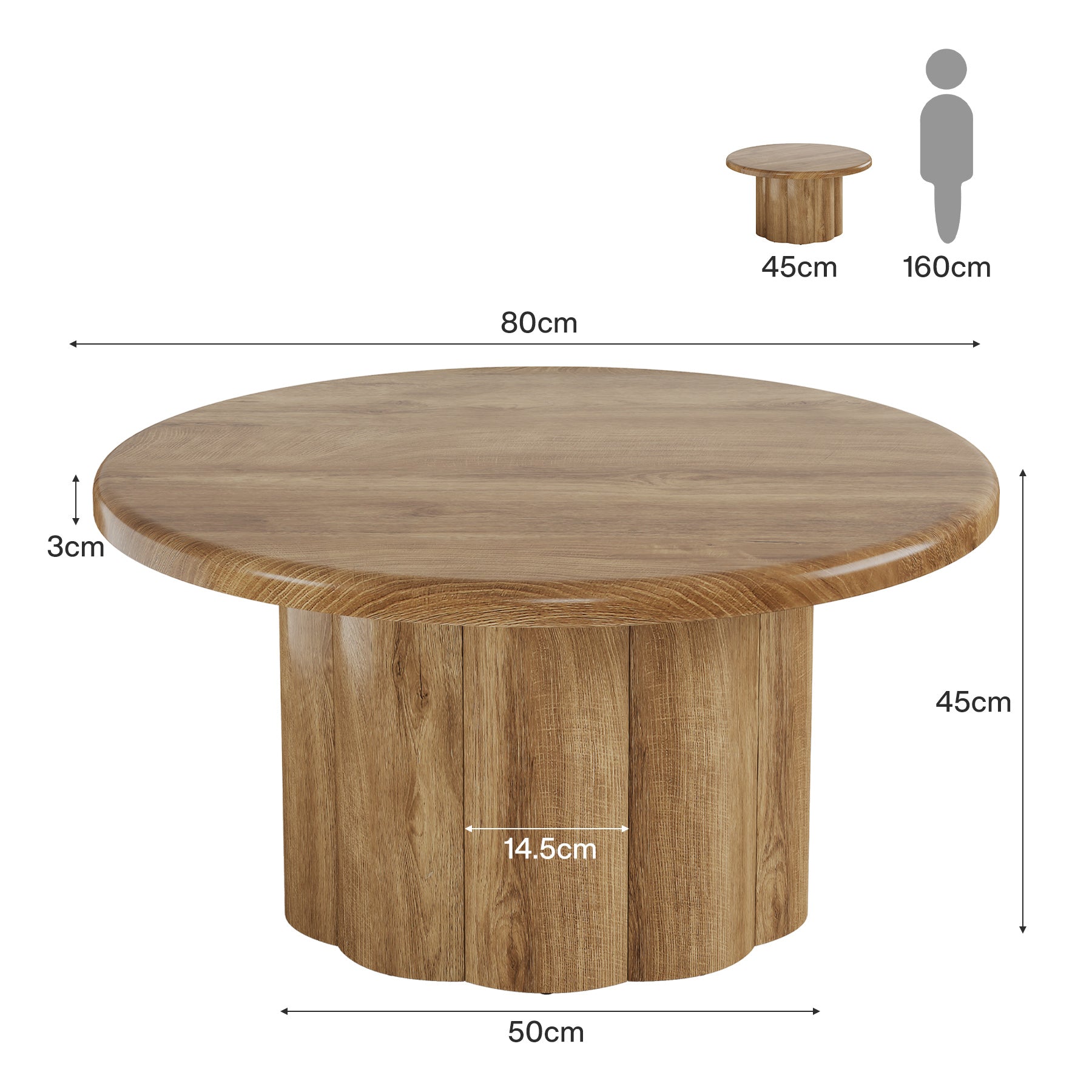 Tribesigns Mesa de centro redonda de 80 cm, Mesa de salón de diseño rústico con base acanalada en marrón