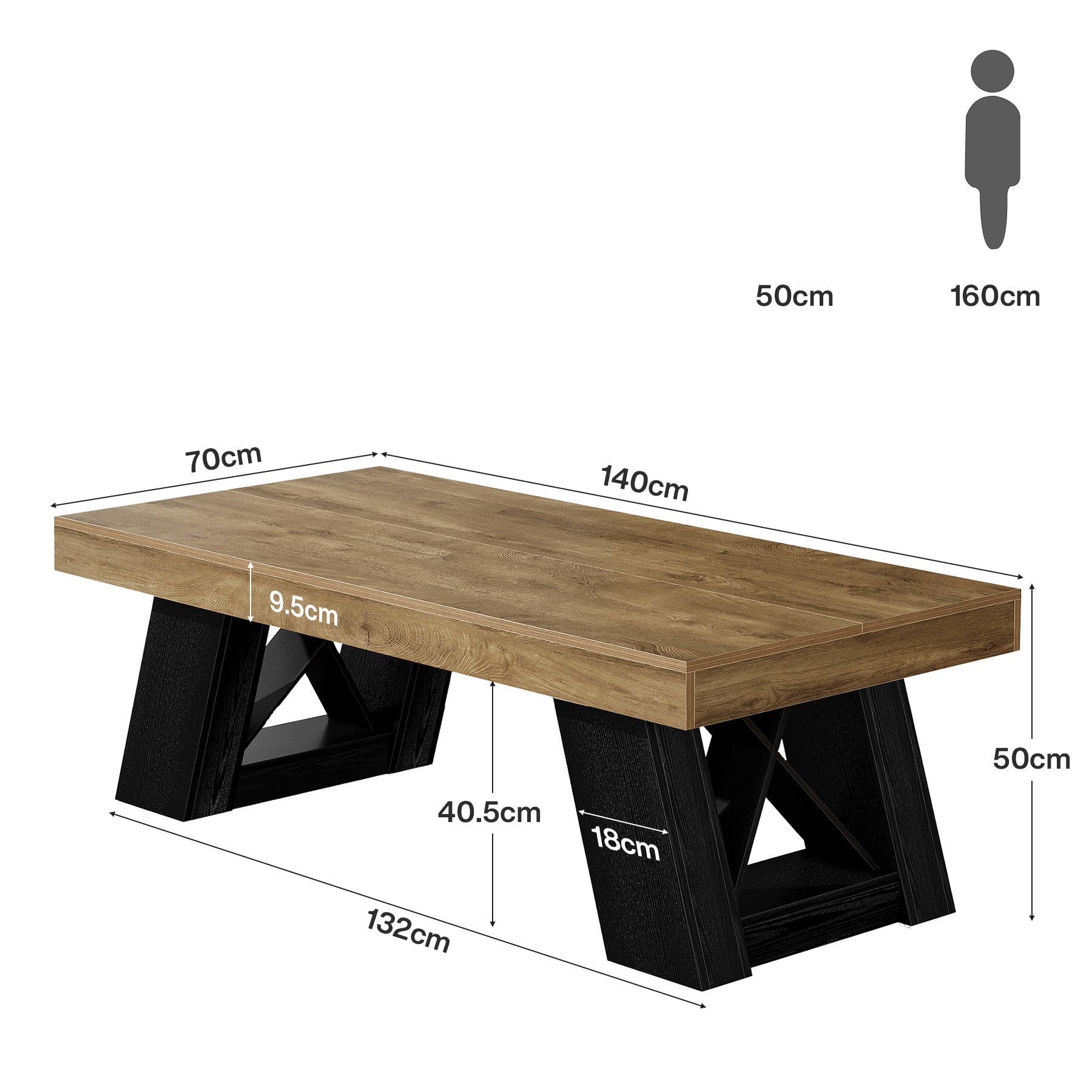 140 cm Tribesigns grote houten salontafel met dik blad en X-vormig onderstel, landelijke rechthoekige middentafel voor woonkamer