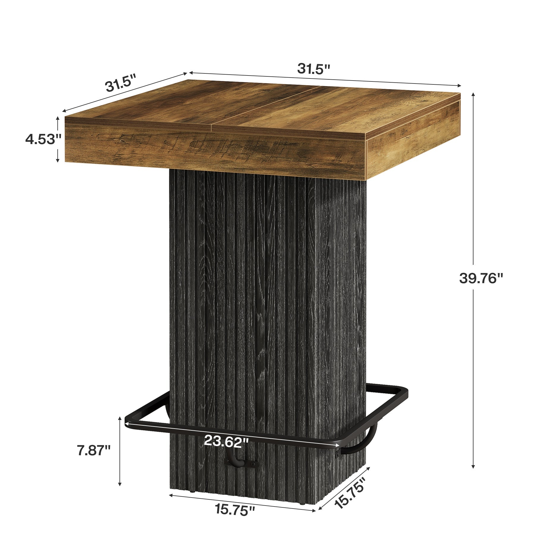 Mesa de bar cuadrada de 80 x 80 x 101 cm con reposapiés metálico, Mesa de pub industrial para cocina y comedor