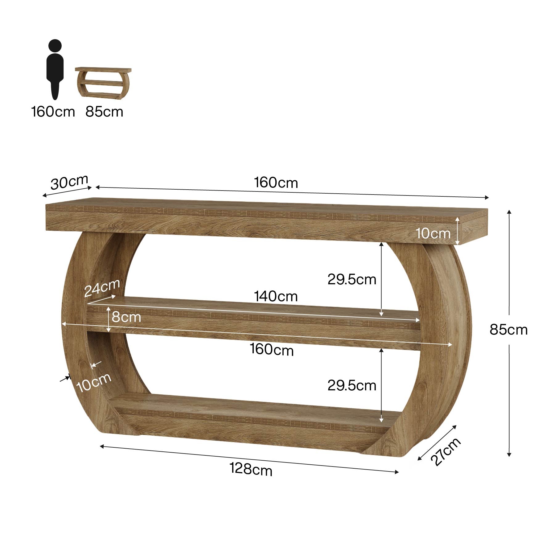Tribesigns Mesa consola estilo granja (160 cm), Mesa de madera de 3 niveles para pasillo con estante de almacenamiento