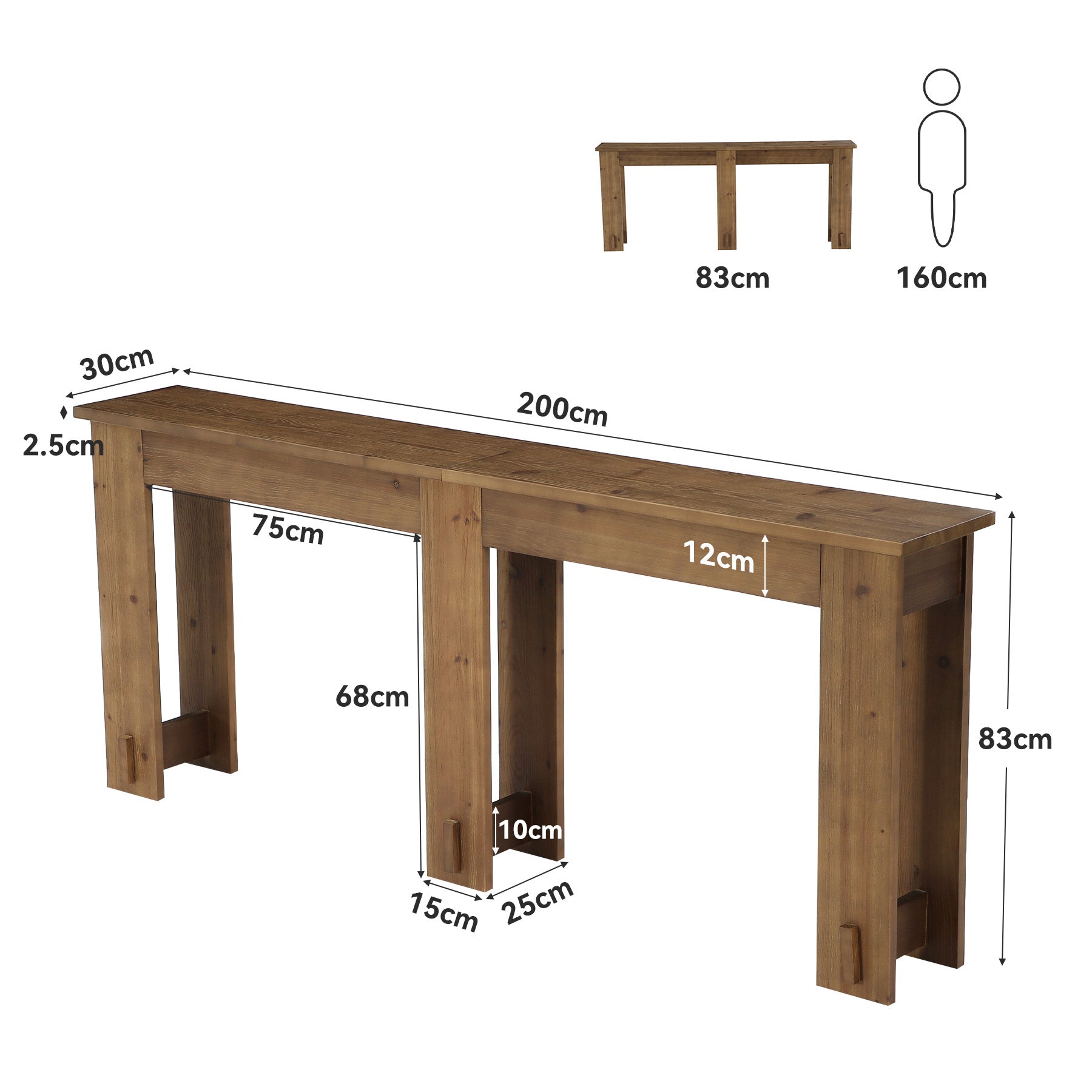 Mesa consola de madera maciza de 200 cm, Mesa de banco extralarga de pino con 6 patas