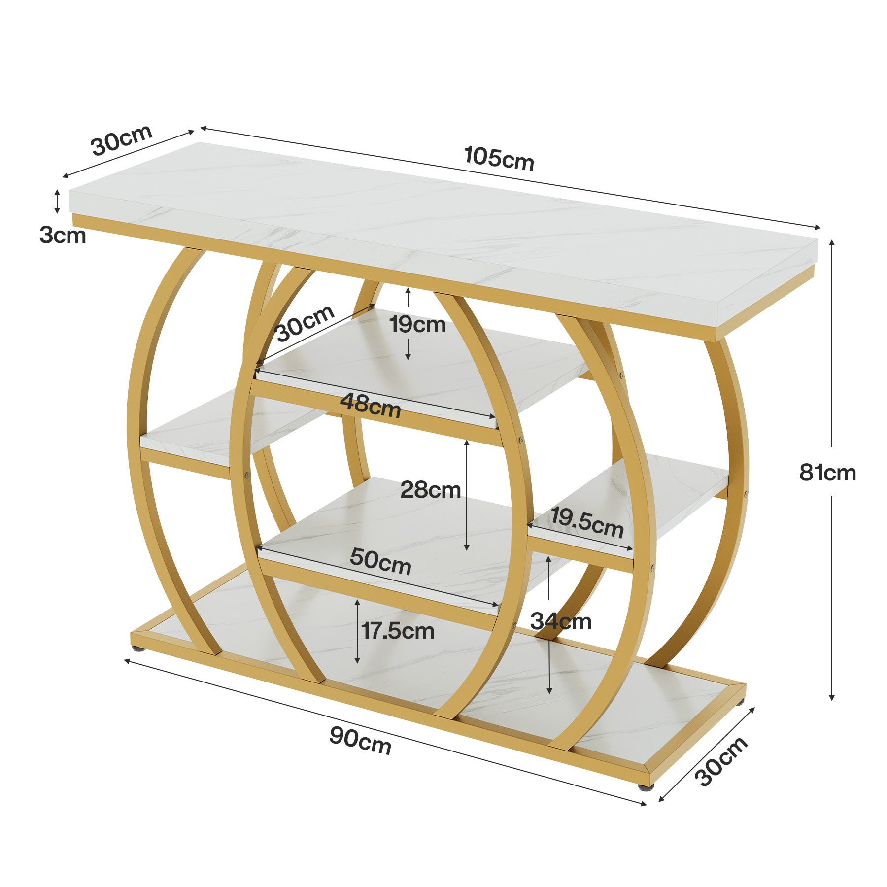 Tribesigns Mesa consola de 105 cm, Mesa estrecha para recibidor con 5 estantes, Estructura de metal dorado y tablero con aspecto de mármol