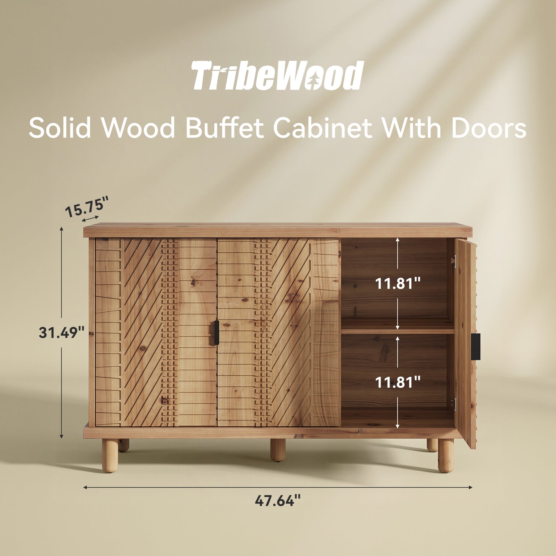 Aparador de madera maciza con espacio de almacenamiento, Vitrina de estilo rústico con 3 puertas y 2 estantes ajustables