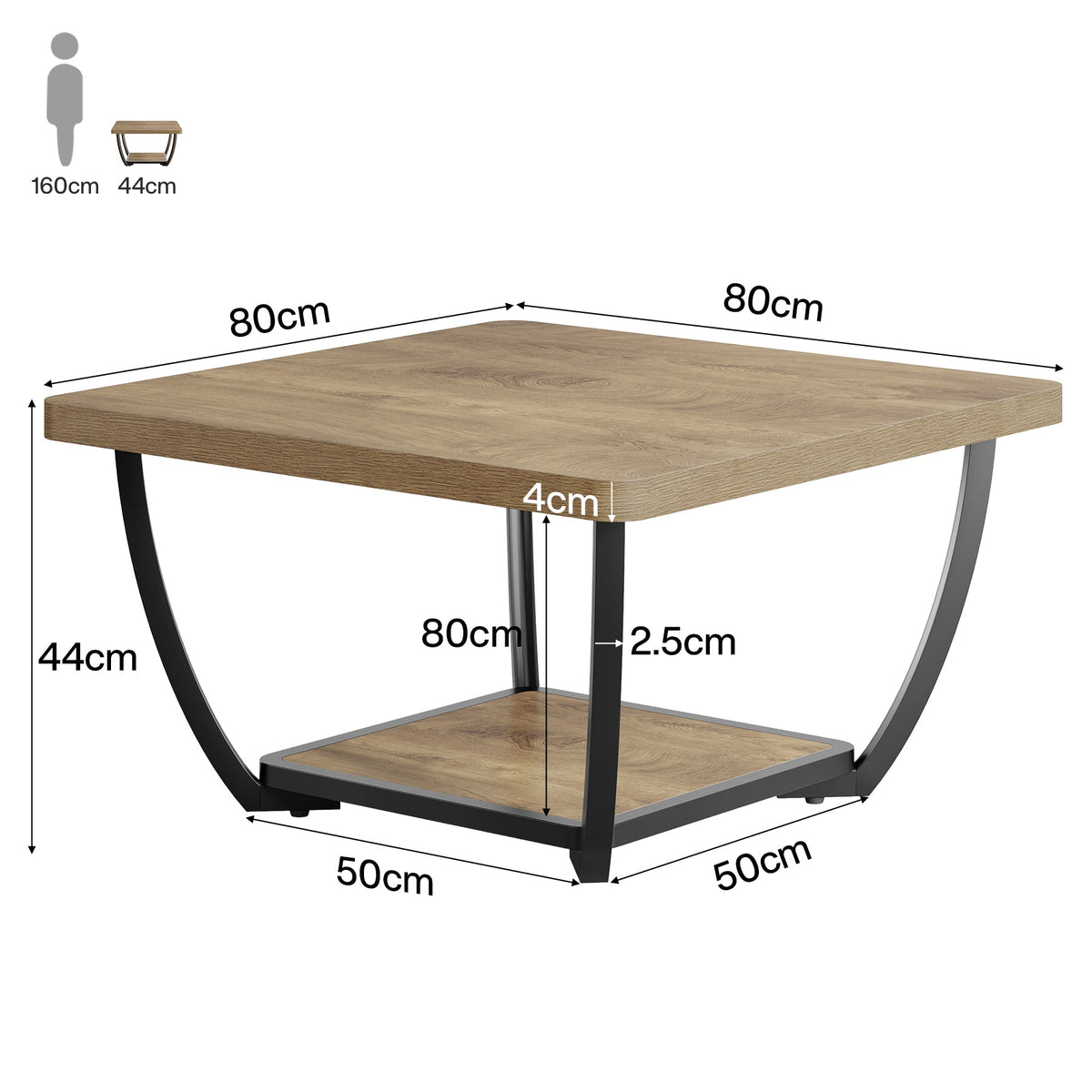 Tribesigns Mesa de centro cuadrada de 80 cm con estante, Mesa de salón de dos niveles con estructura metálica