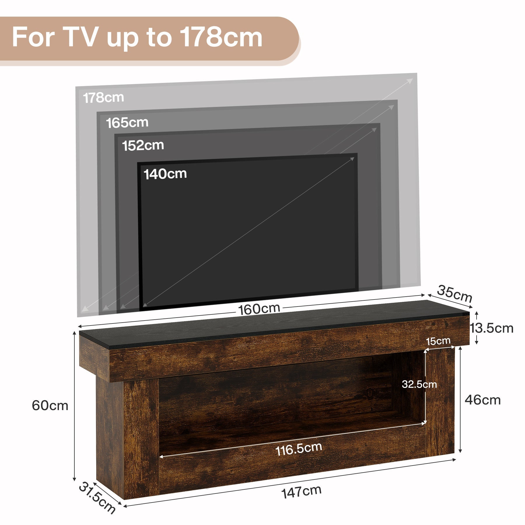 Mueble bajo para TV de 160 cm con espacio de almacenamiento, Mueble moderno para televisores de 60 a 70 pulgadas