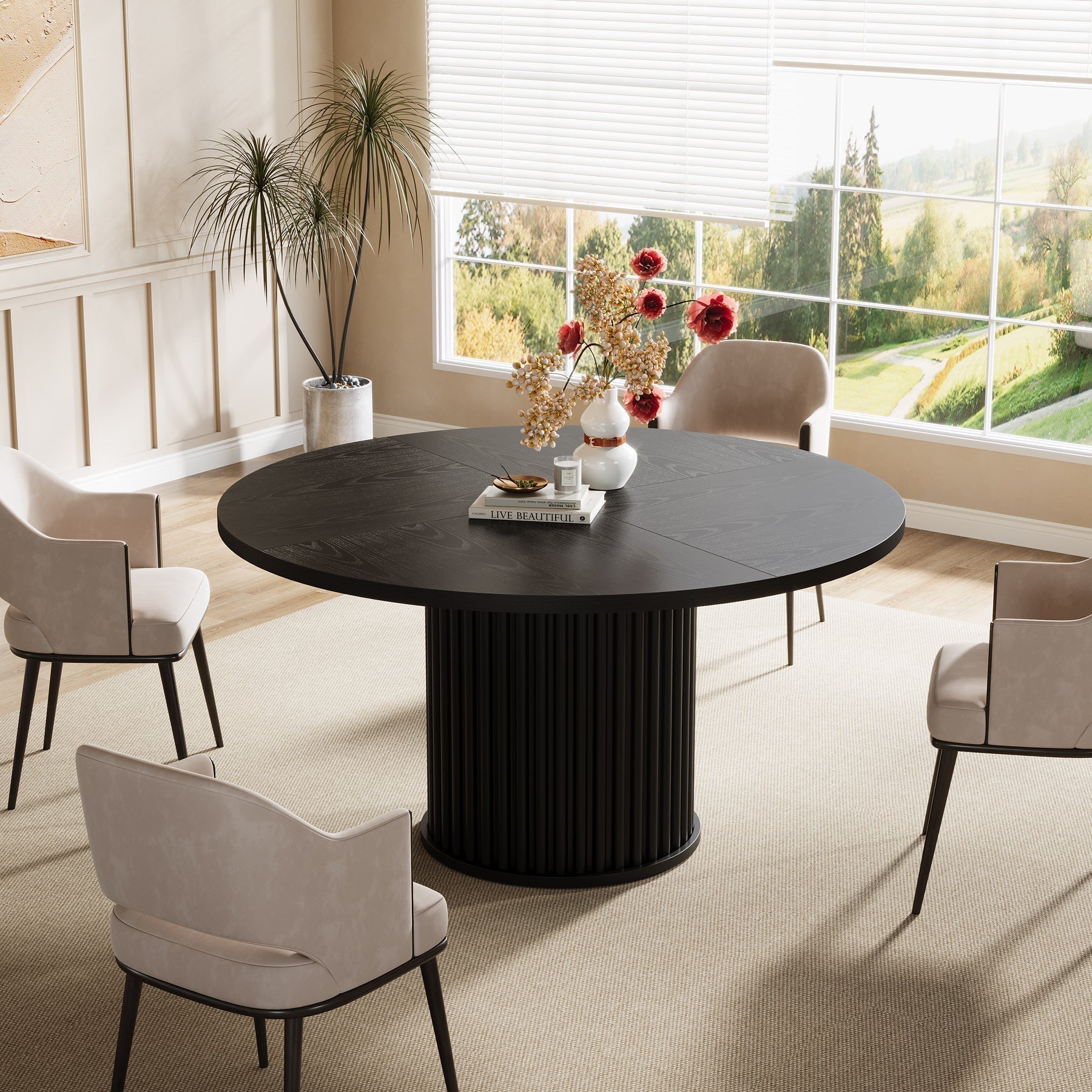 Tribesigns Mesa de comedor redonda negra de 120 cm para 4-6 personas, Mesa de cocina moderna con base de metal