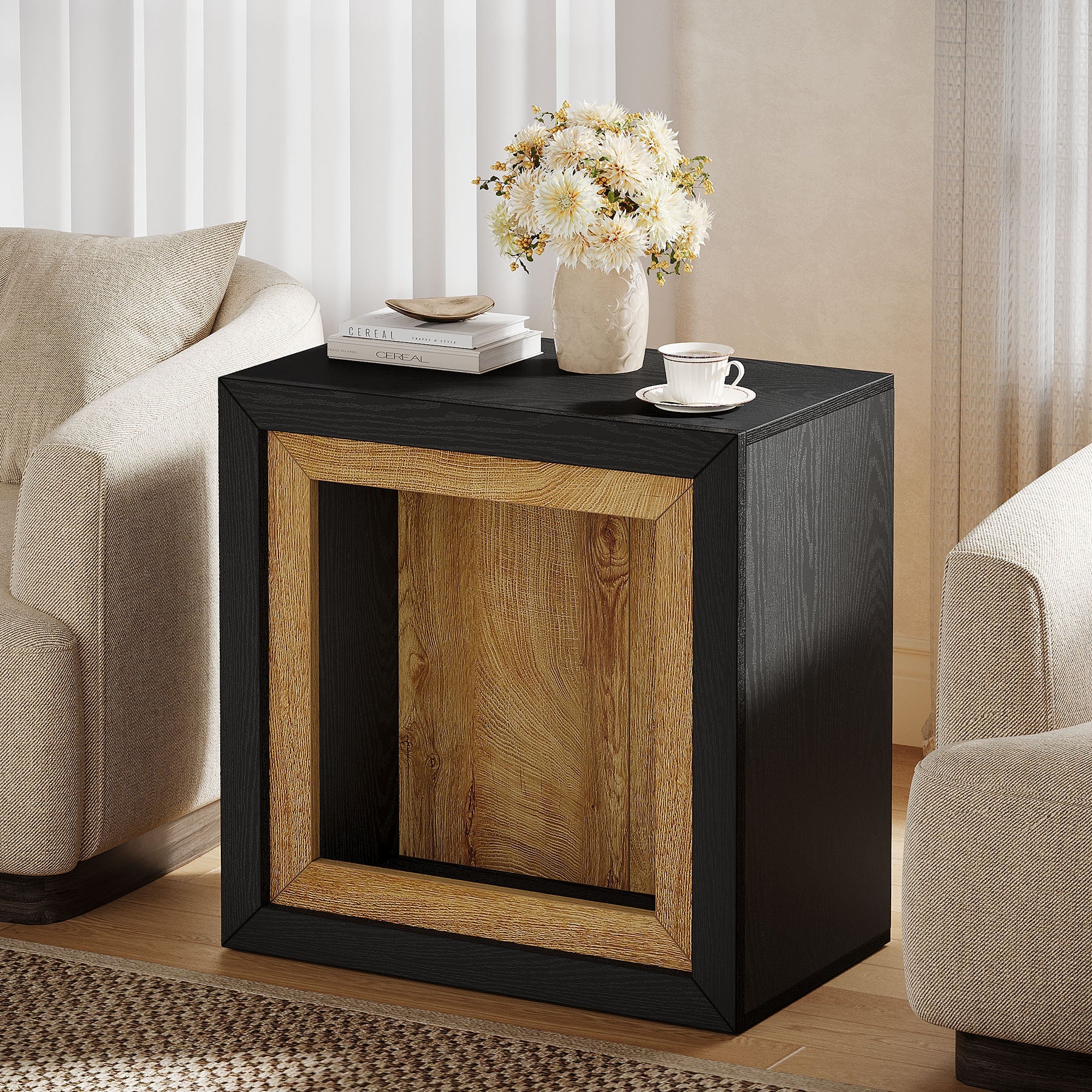 Tribeisigns Mesa auxiliar de madera de estilo industrial con diseño de marco abierto, Mesita de noche moderna con estante grande