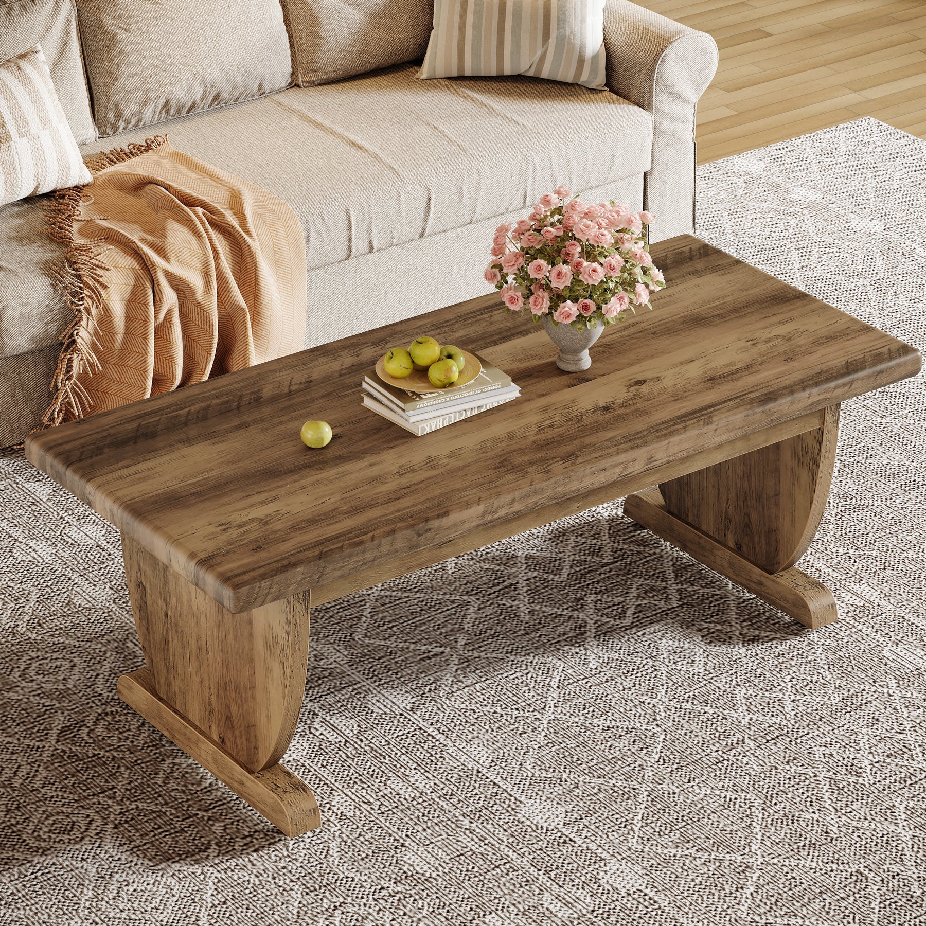 Tribesigns Mesa de centro rectangular de 120 cm, Estilo rústico de madera y con pata central resistente