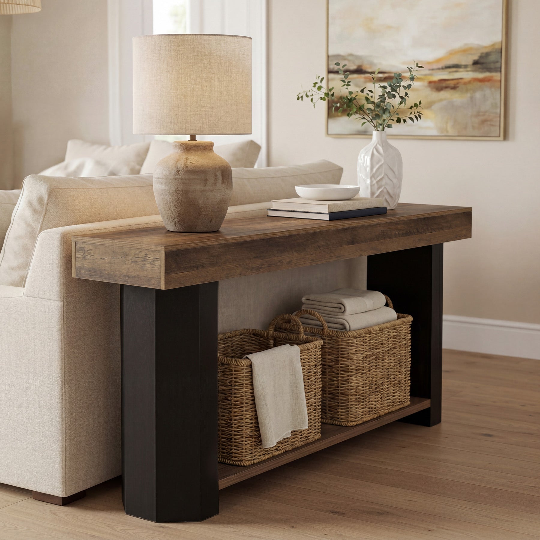 Mesa consola de 160 cm con 2 estantes, Mesa estrecha de estilo industrial para recibidor