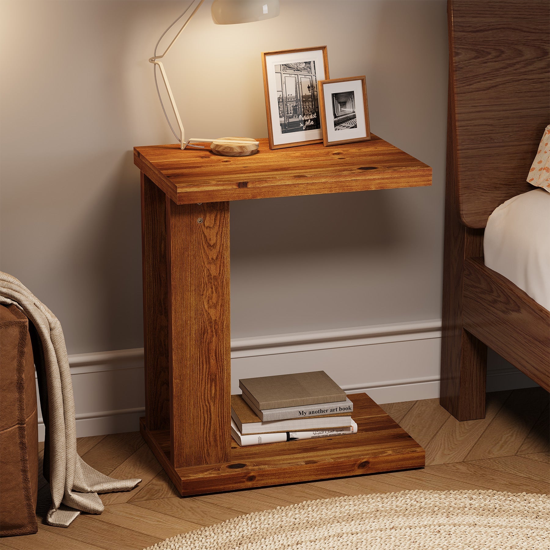 Tribesigns Mesita auxiliar de 50x35x60 cm en forma de C, Mesita de noche de dos niveles de madera maciza con construcción estable para el dormitorio