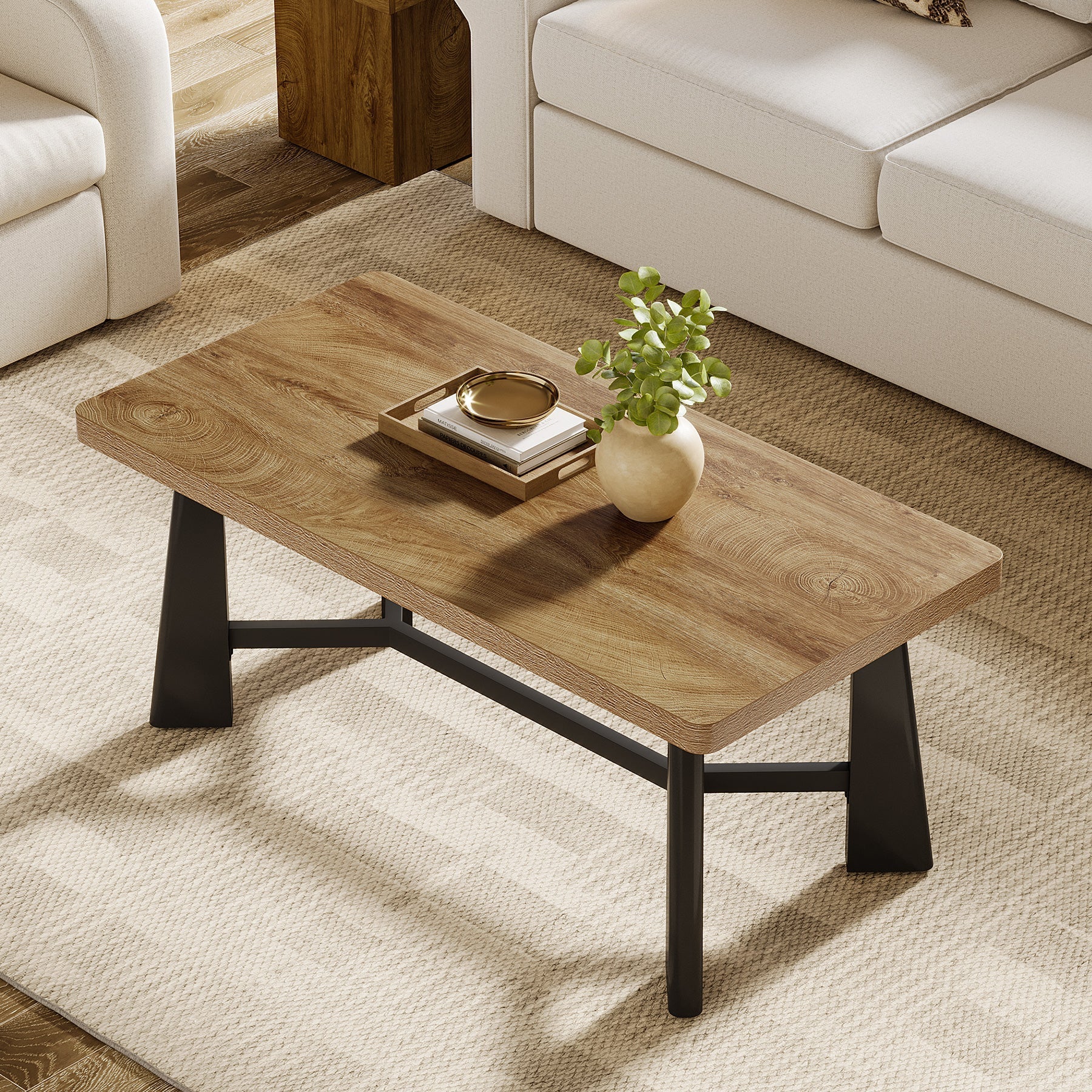 Tribesigns Mesa de centro de 120 × 60 cm, Mesa rectangular para salón con base metálica