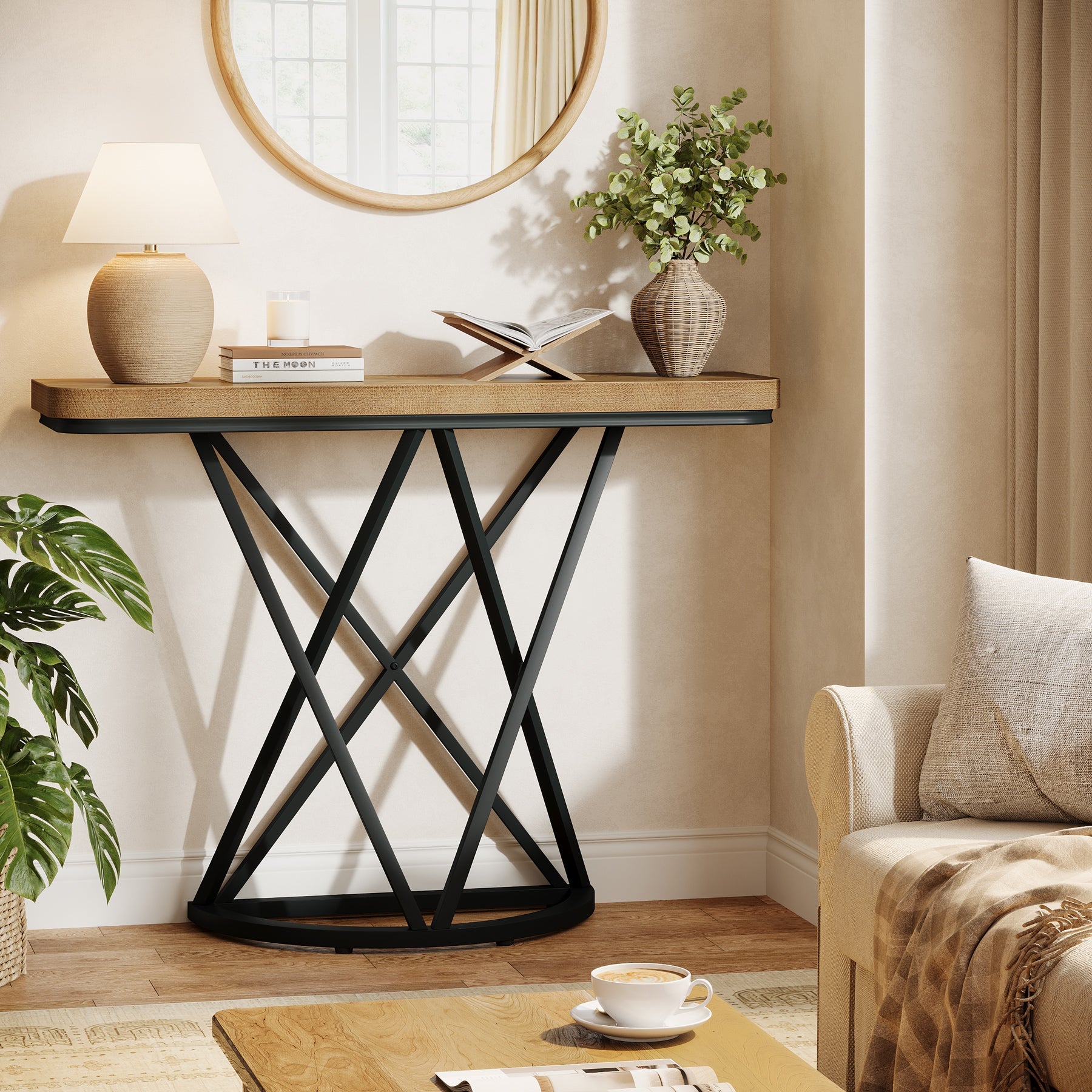 Tribesigns Consola industrial de 105 cm, Mesa de entrada estrecha con base metálica geométrica