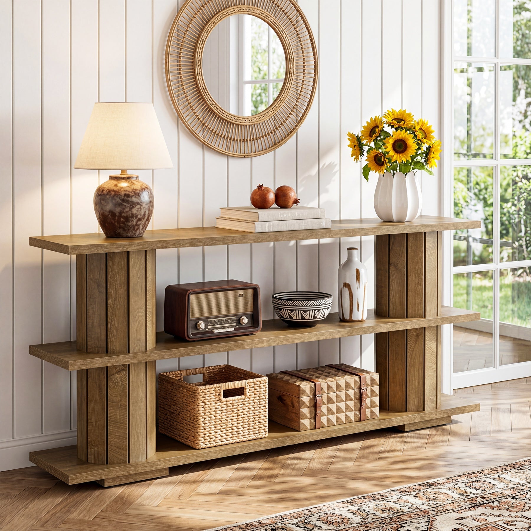 Tribesigns Mesa consola de 160 cm con estantes de almacenamiento de 3 niveles, Mesa larga para recibidor, ideal para sala de estar y entrada