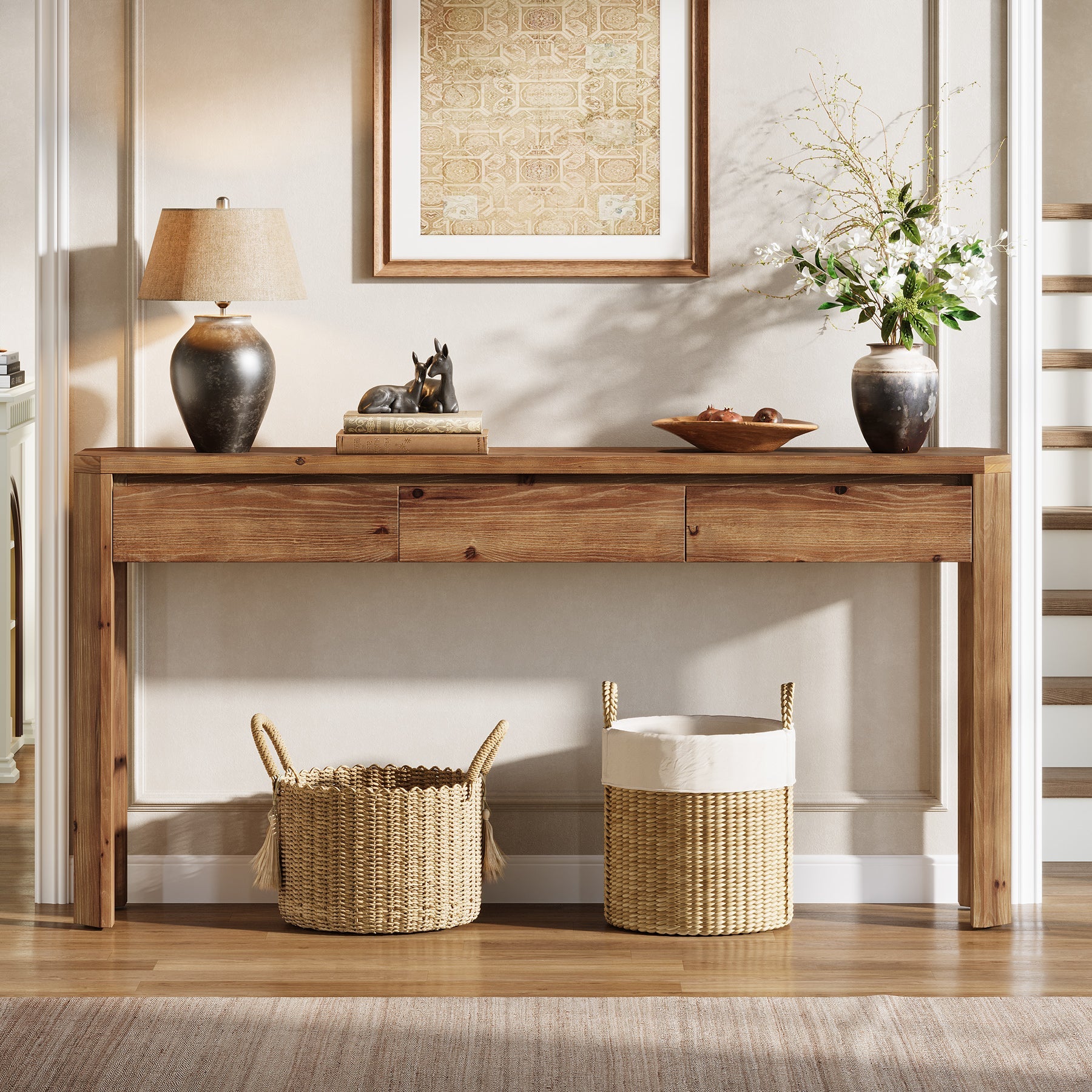 Tribesigns Consola de madera maciza de 160 cm con 3 cajones, Mesa de recibidor y sofá esquinas redondeadas estilo rústico