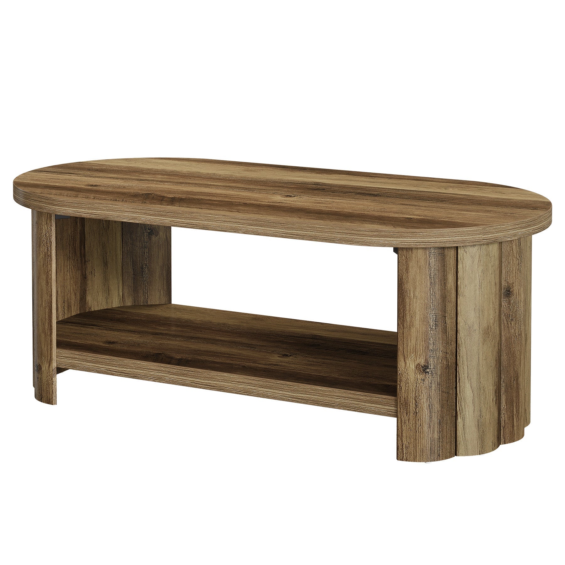Tribesigns Mesa de centro ovalada de 120 cm con compartimento de almacenamiento, Mesa de salón de estilo rústico con base acanalada