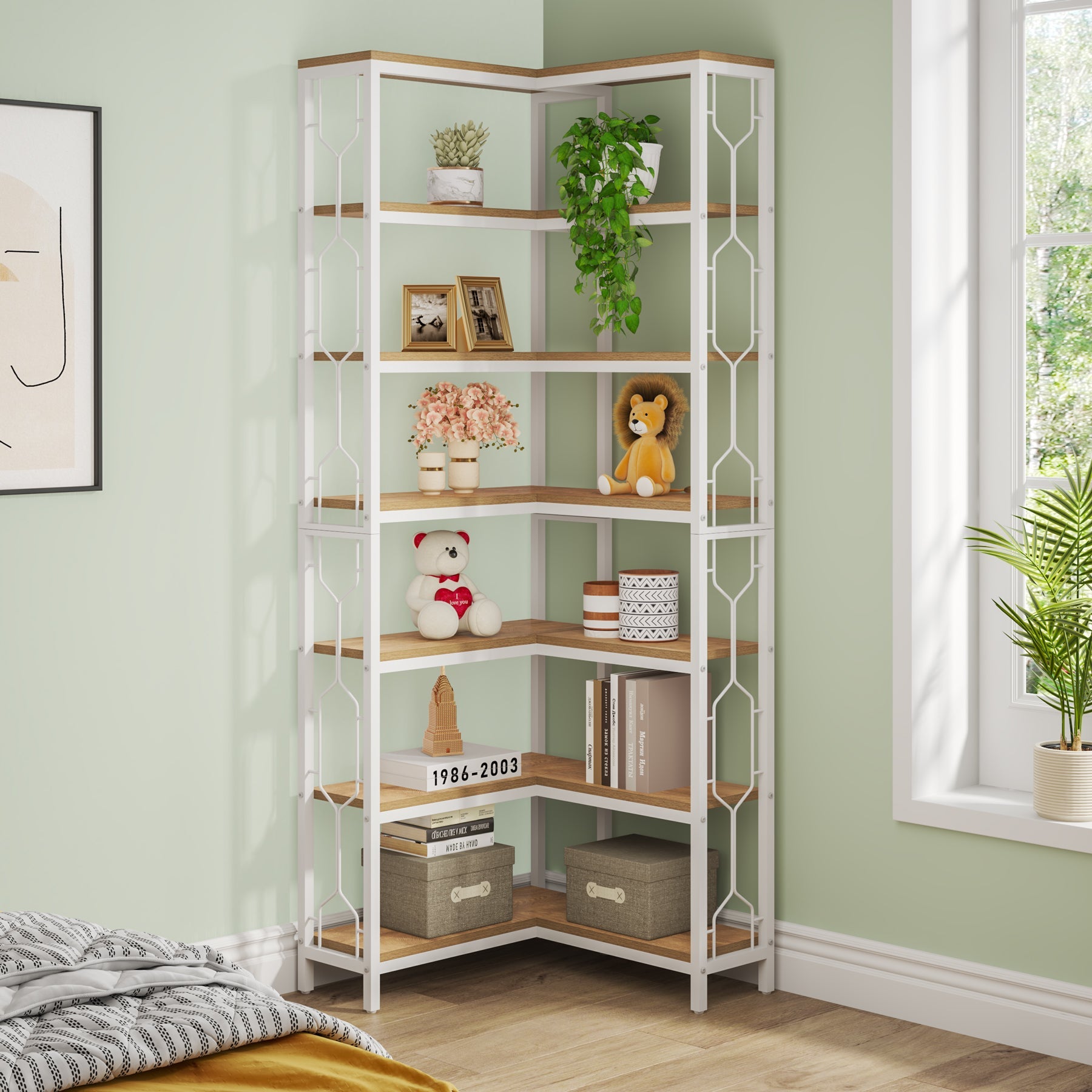 Tribesigns Estantería esquinera de madera y metal, Librería industrial de 7 niveles