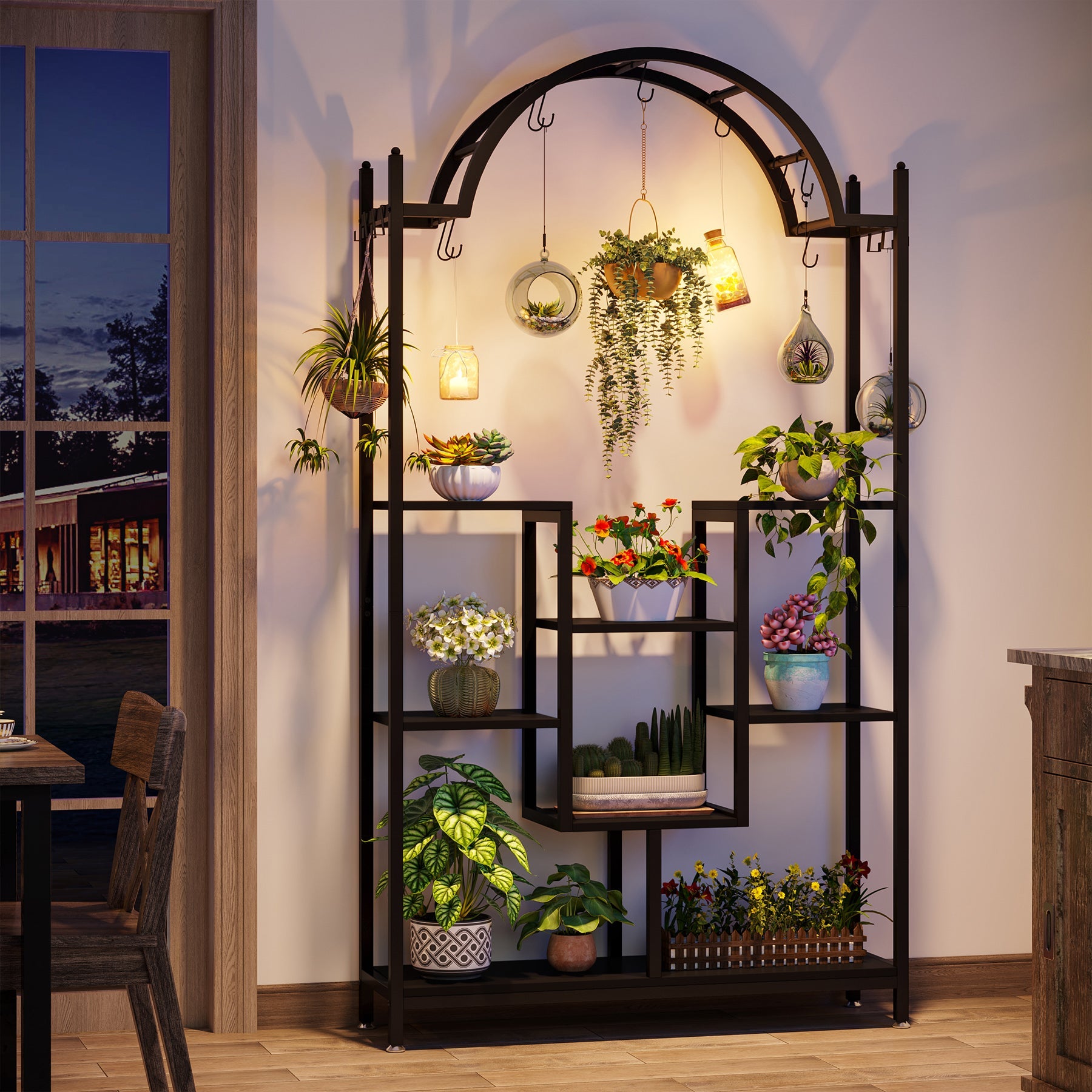 Tribesigns Soporte para plantas de interior de 5 niveles, Estante de metal para plantas con 8 ganchos en forma de S