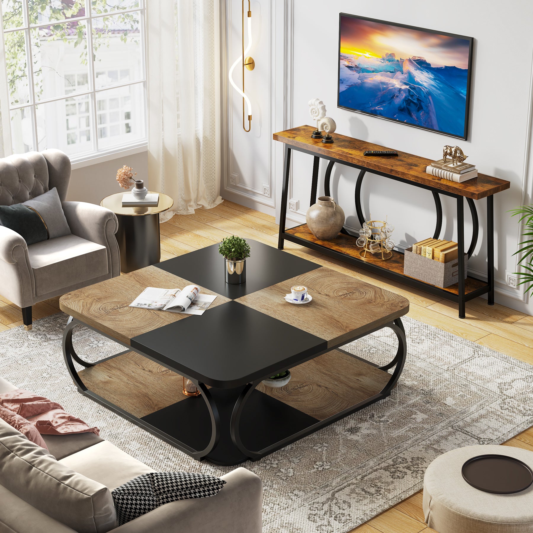 Tribesigns Mesa de centro cuadrada estilo granja con estante de almacenamiento