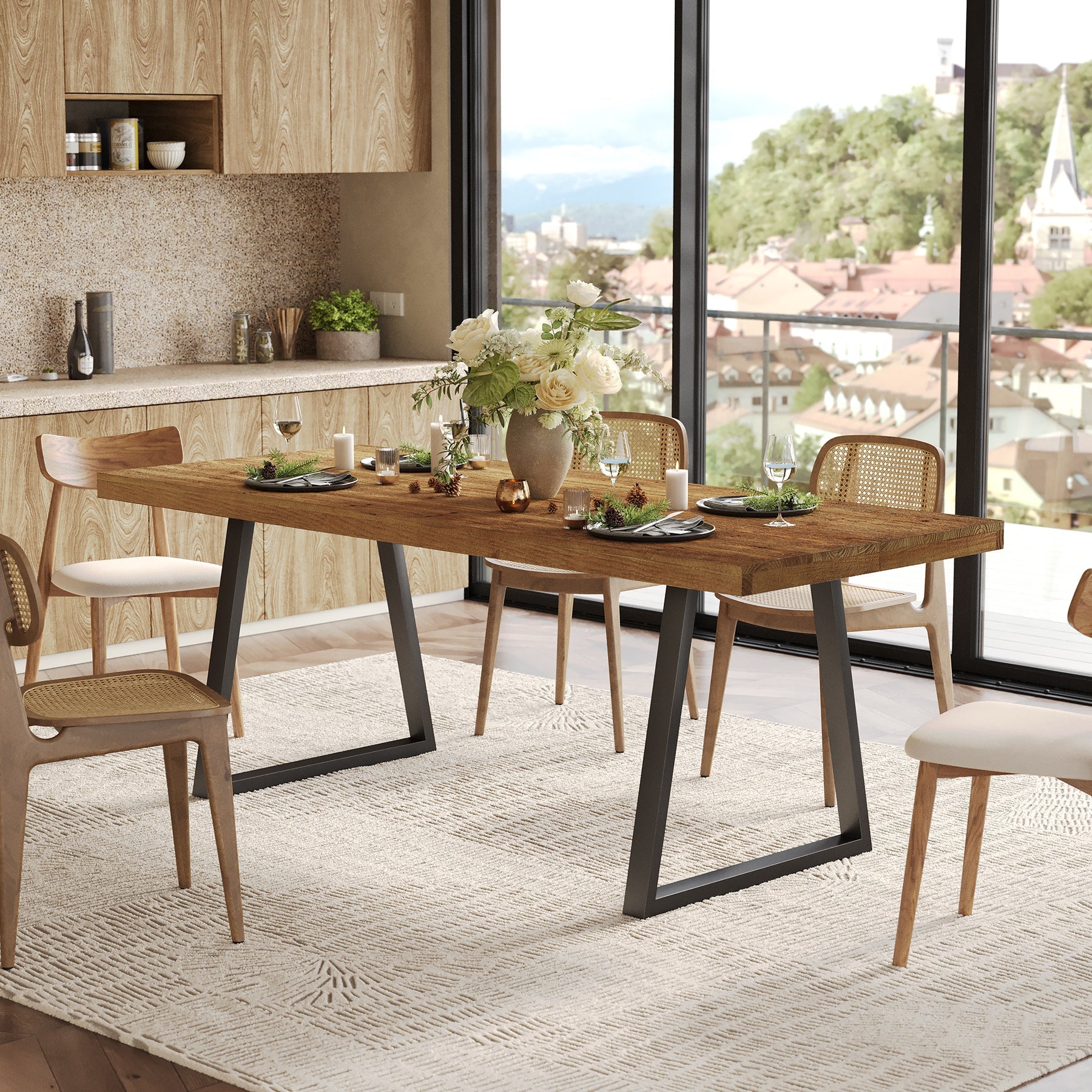 Tribesigns Mesa de comedor industrial de 160 cm rectangular de madera maciza