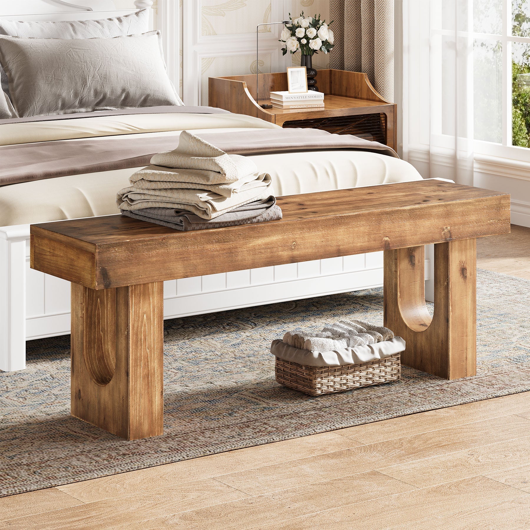 Tribesigns Banco de 120 cm de madera maciza, Banco de pasillo de pino con una robusta base en forma de U