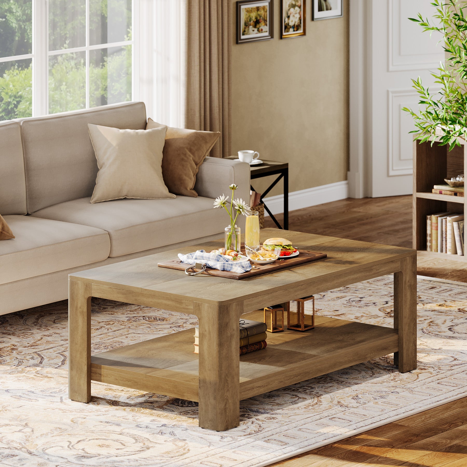 Tribesigns Mesa de centro rectangular de 120 cm con dos niveles de almacenamiento, Mesa de centro de madera para sala de estar