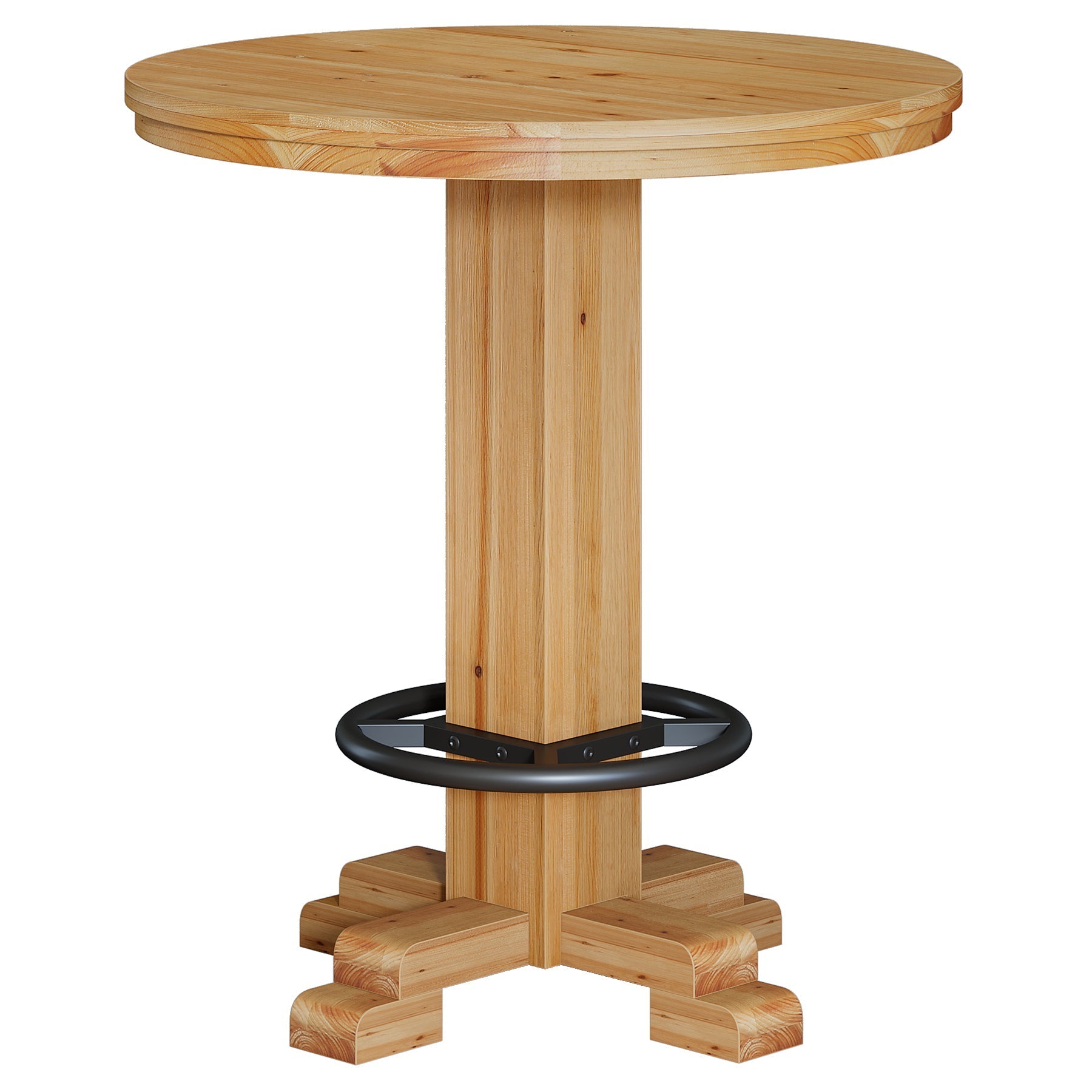 Mesa redonda de bar de madera maciza, Mesa de bistró de 95 cm de altura con reposapiés de metal