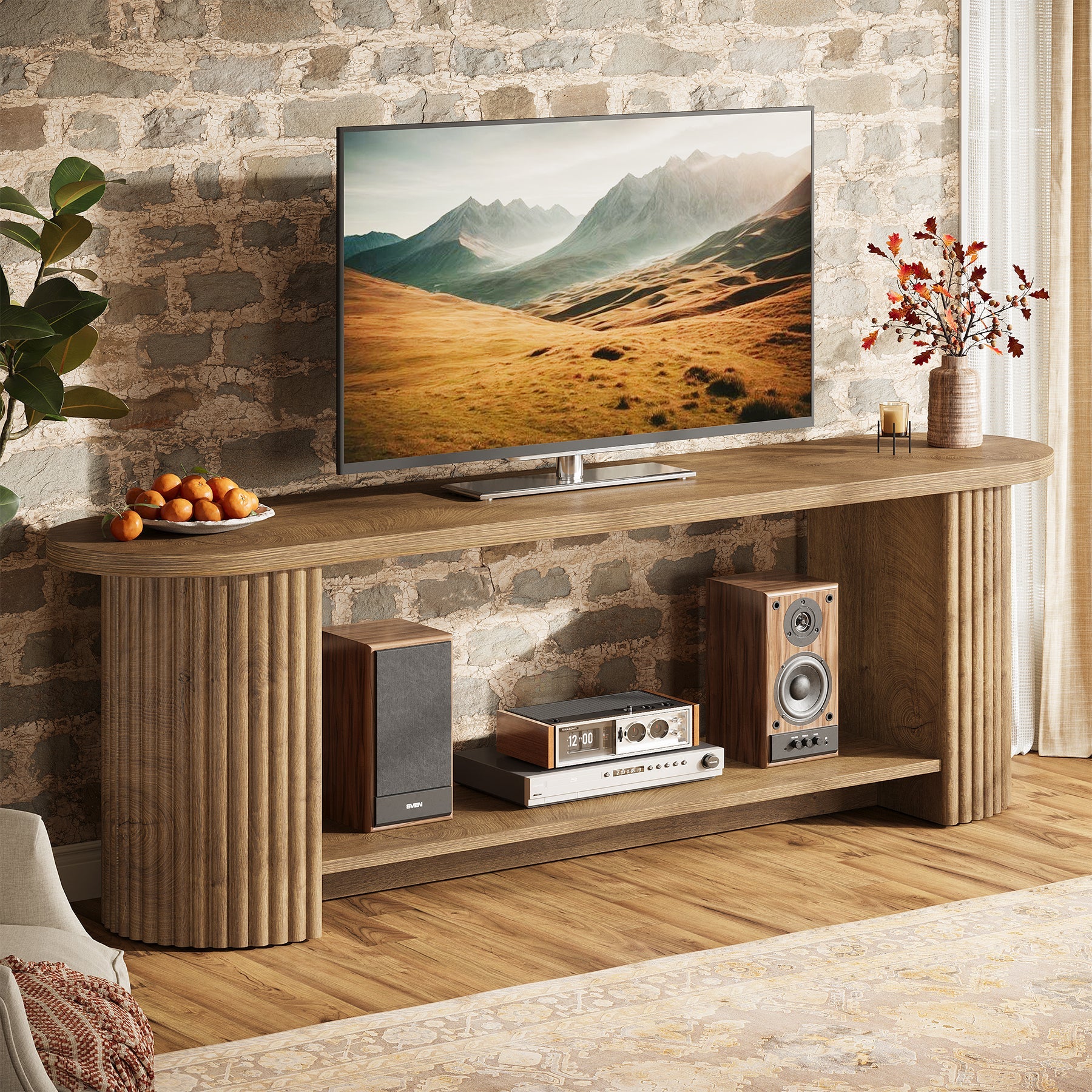 160 cm Tribesigns tv-meubel met geribbeld ontwerp en opbergplank, landelijke mediakast voor woonkamer en slaapkamer