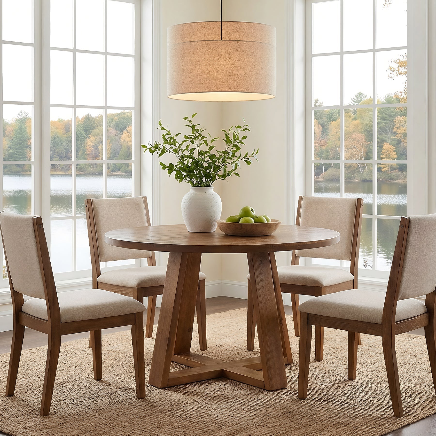 Tribesigns Mesa de comedor redonda de 120 cm, Mesa de cocina rústica de madera maciza con base de caballete para 4 personas