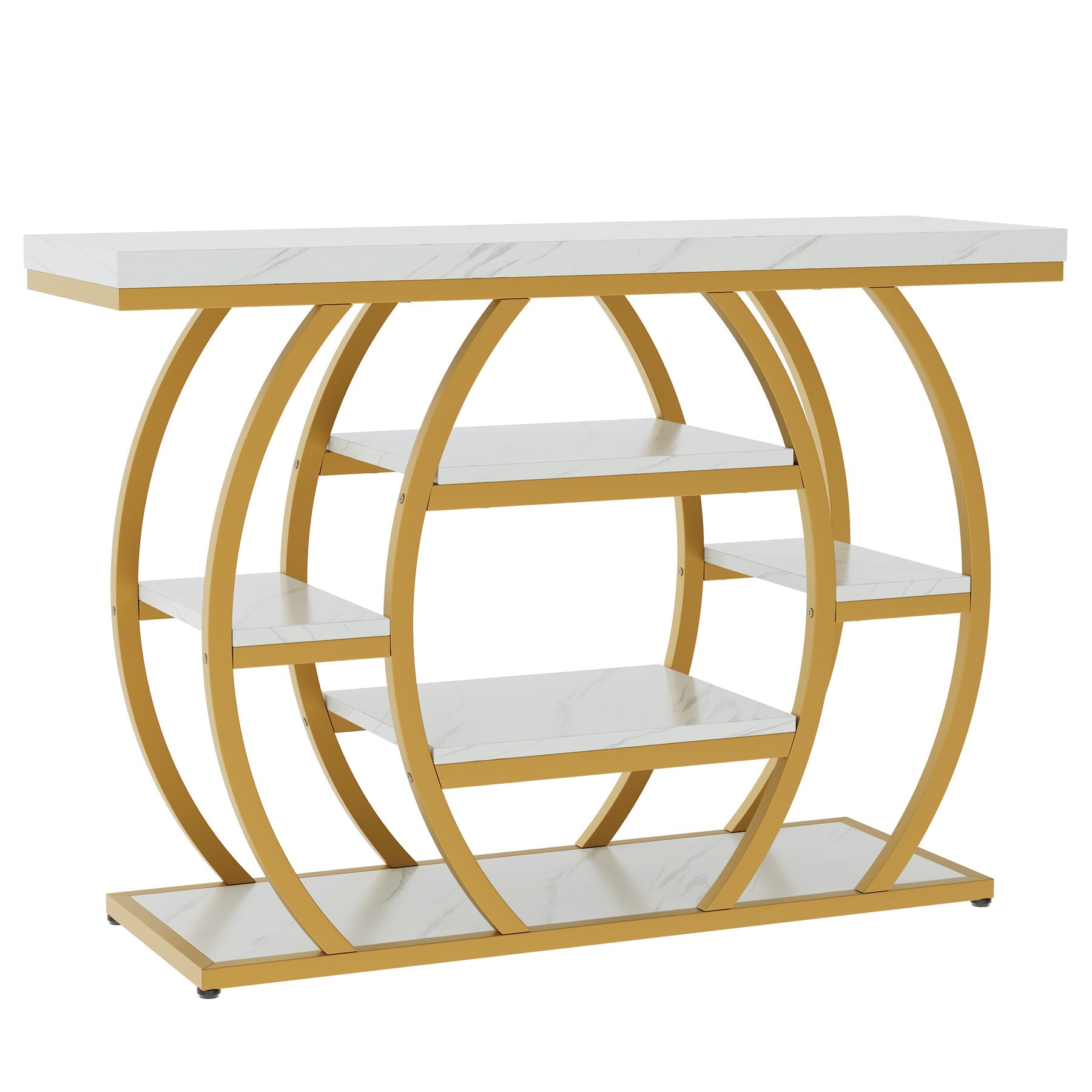 Tribesigns Mesa consola de 105 cm, Mesa estrecha para recibidor con 5 estantes, Estructura de metal dorado y tablero con aspecto de mármol
