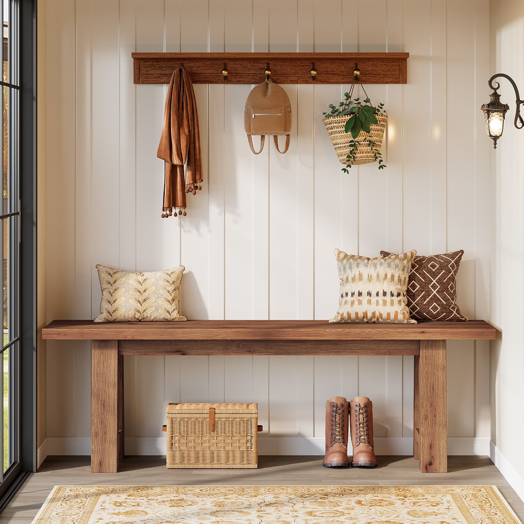 Banco de madera maciza de 140 cm de estilo rústico, Banco largo de entrada fabricado en madera natural