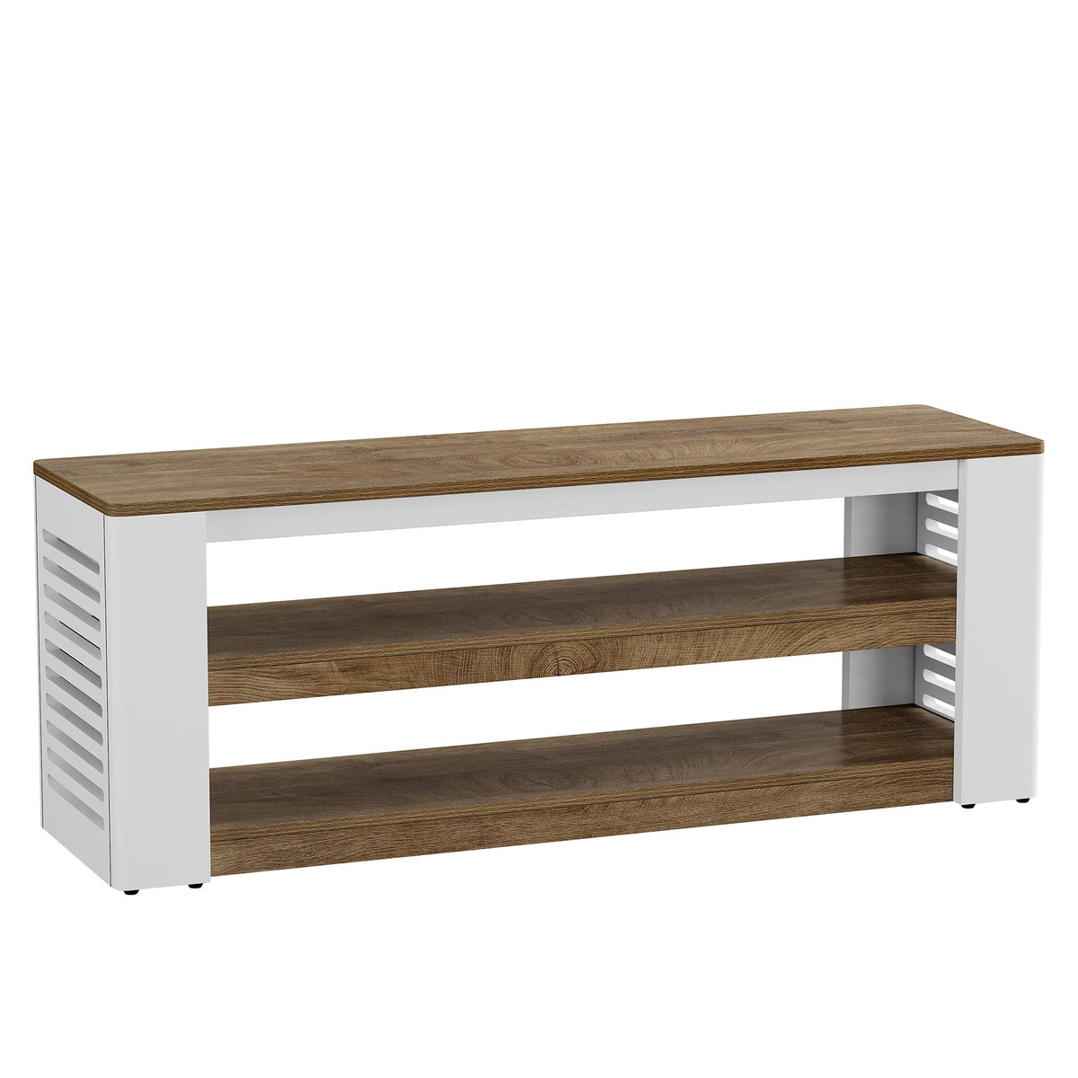 Mueble bajo para TV de 160 cm para televisores de hasta 75 pulgadas, Mueble de 3 niveles con espacio de almacenamiento y laterales de lamas