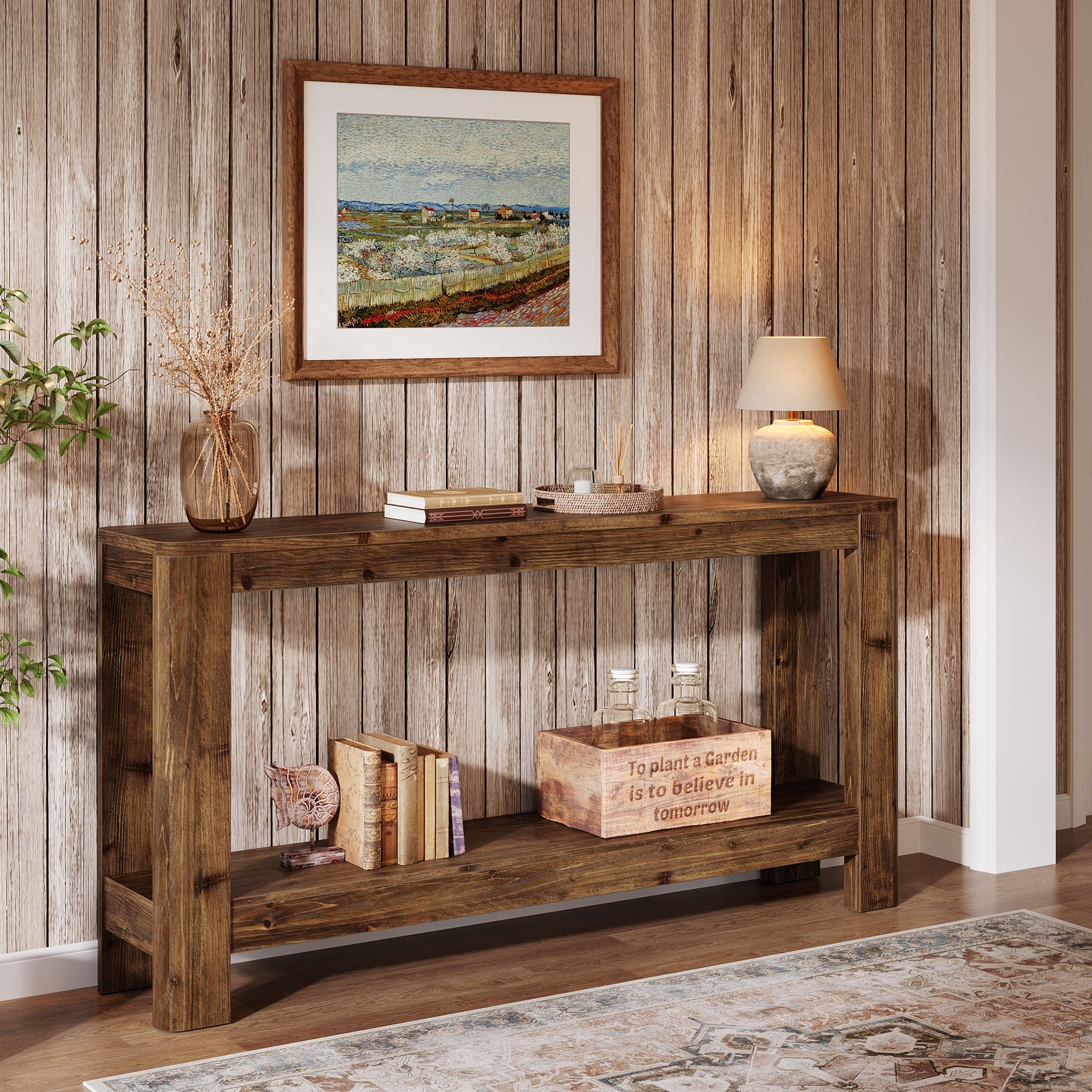 Tribesigns Mesa consola de madera maciza de 160 cm, Mesa auxiliar estrecha de estilo rústico con estante