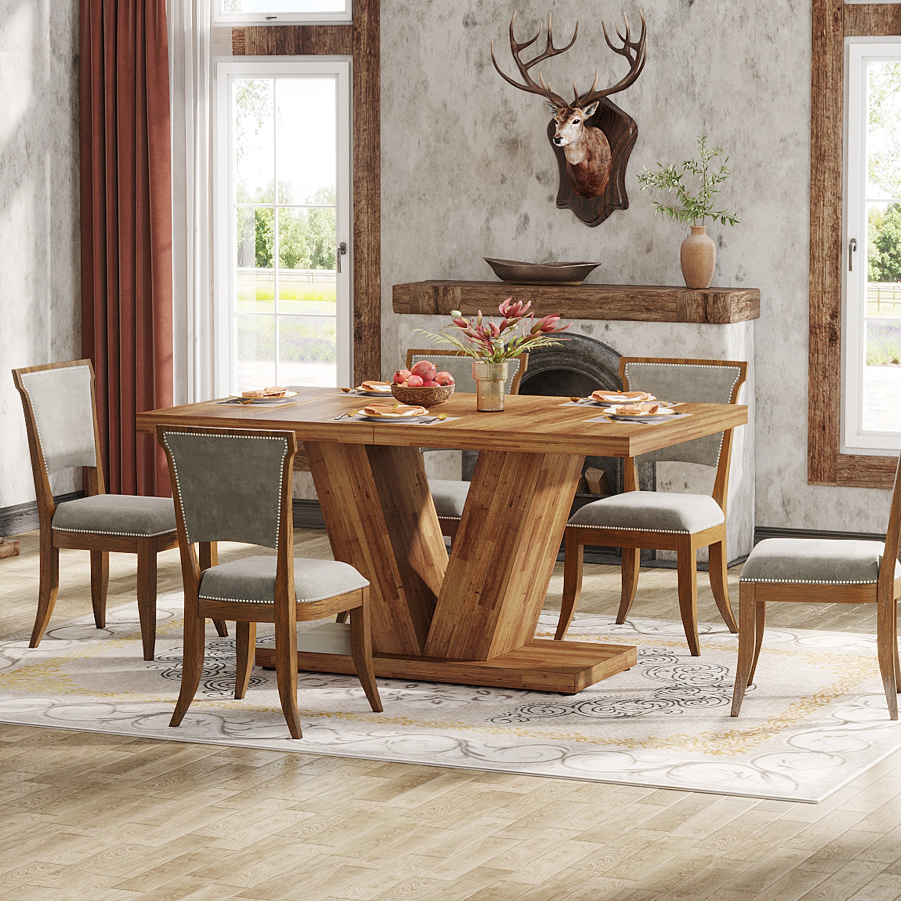 Tribesigns Mesa de comedor rústica, Mesa de cocina de madera blanca estilo granja