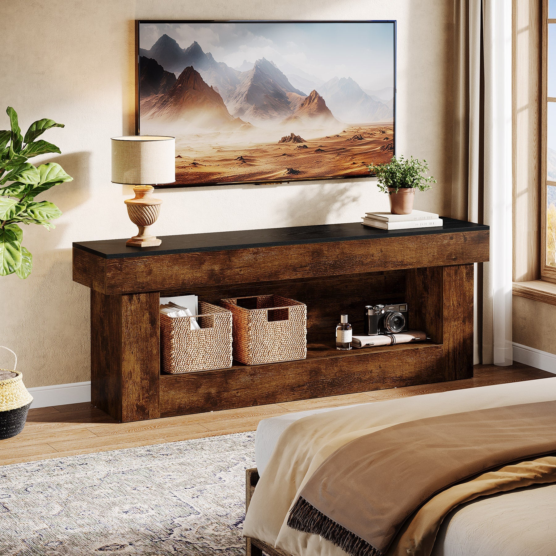 Mueble bajo para TV de 160 cm con espacio de almacenamiento, Mueble moderno para televisores de 60 a 70 pulgadas