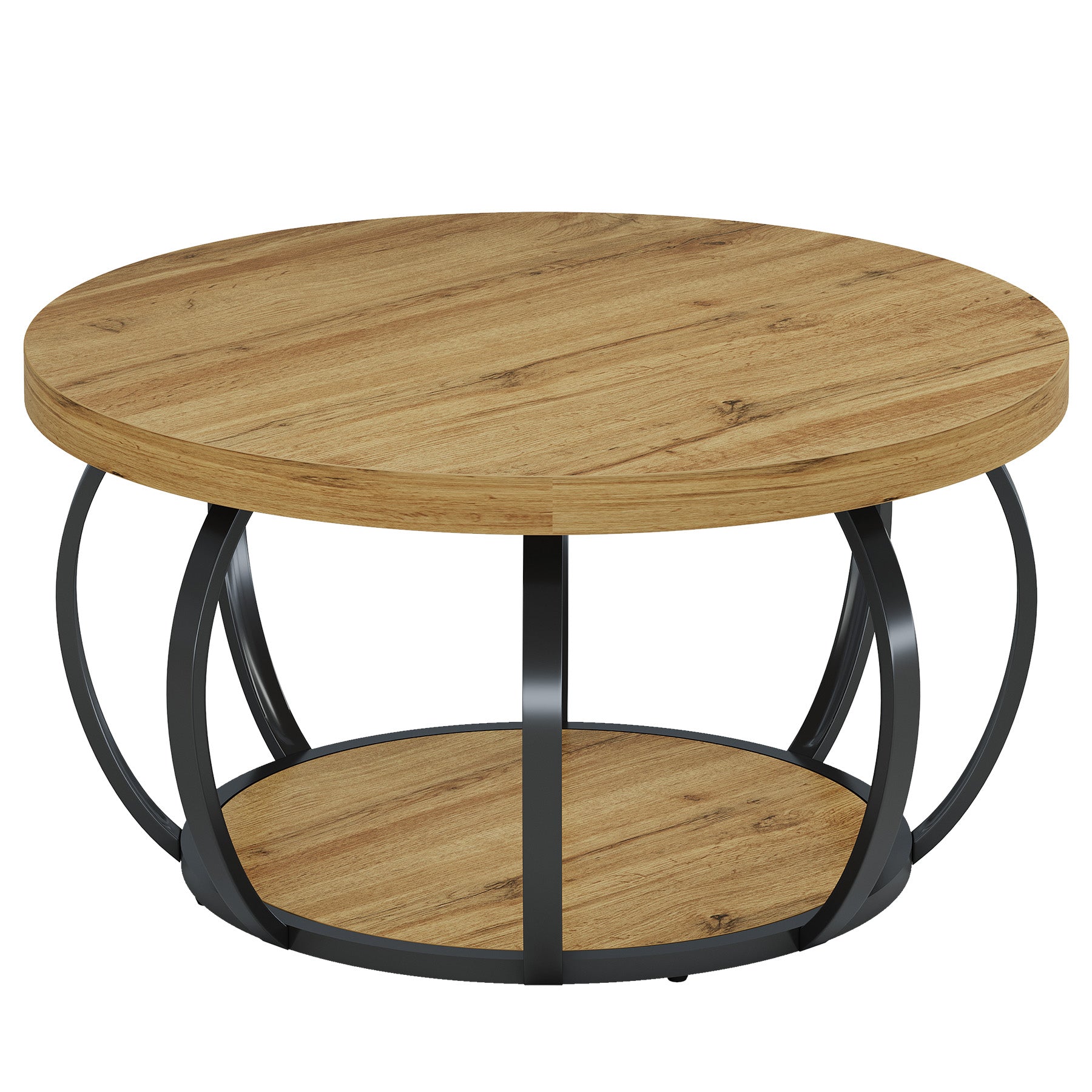 Tribesigns Mesa de centro redonda, Mesa de centro circular industrial de 2 niveles con estantes de almacenamiento