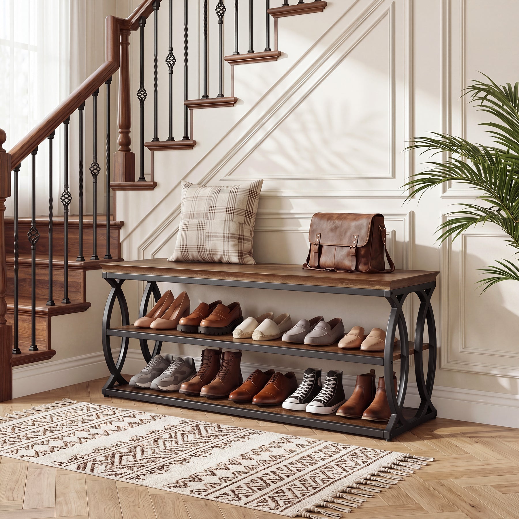Banco zapatero con espacio de almacenamiento de 120 cm, Zapatero de 3 niveles de estilo rústico industrial con asiento