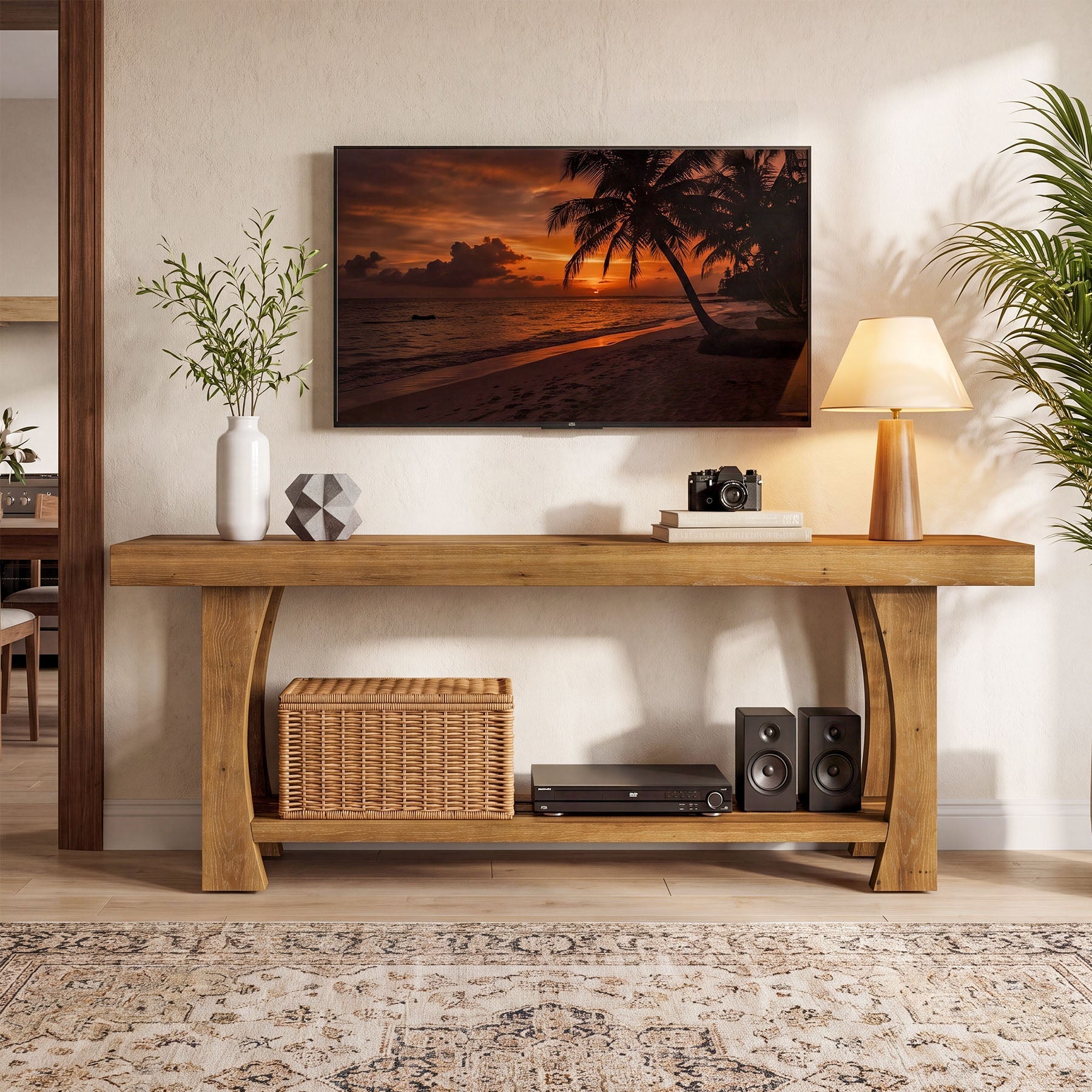 Tribesigns Mueble bajo para TV de madera maciza para televisores de 55 a 70 pulgadas con 2 estantes y patas de madera cónicas