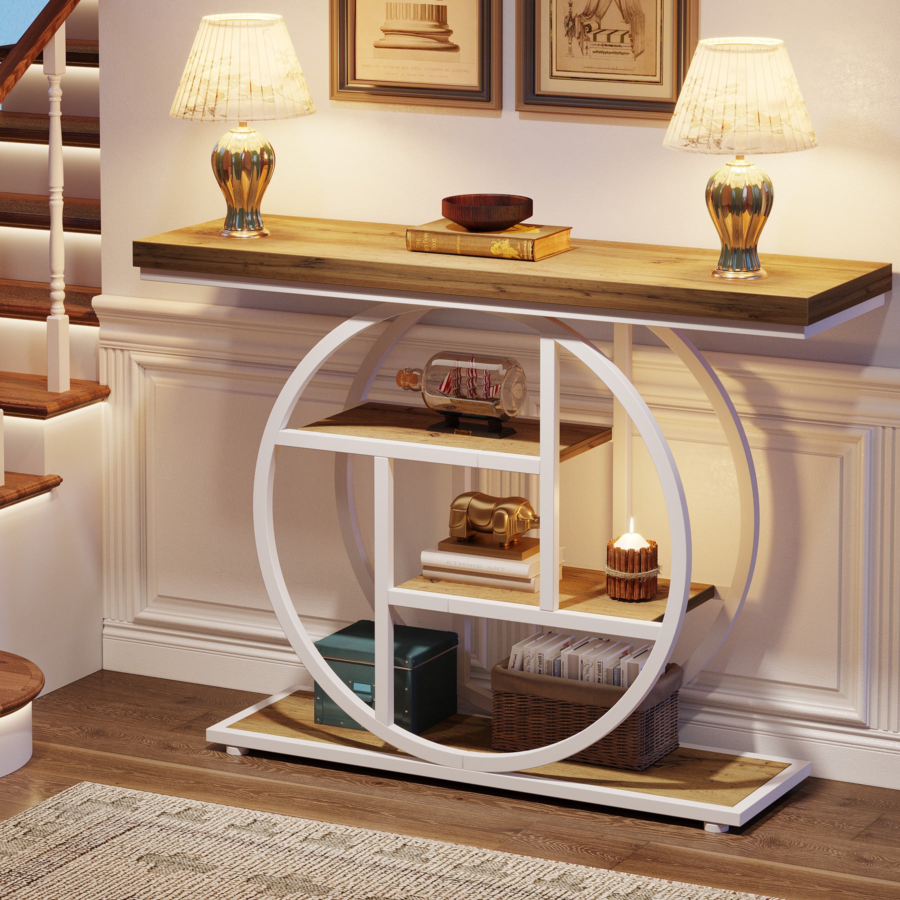 Tribesigns Mesa consola con base circular, Mesas auxiliares estrechas de madera