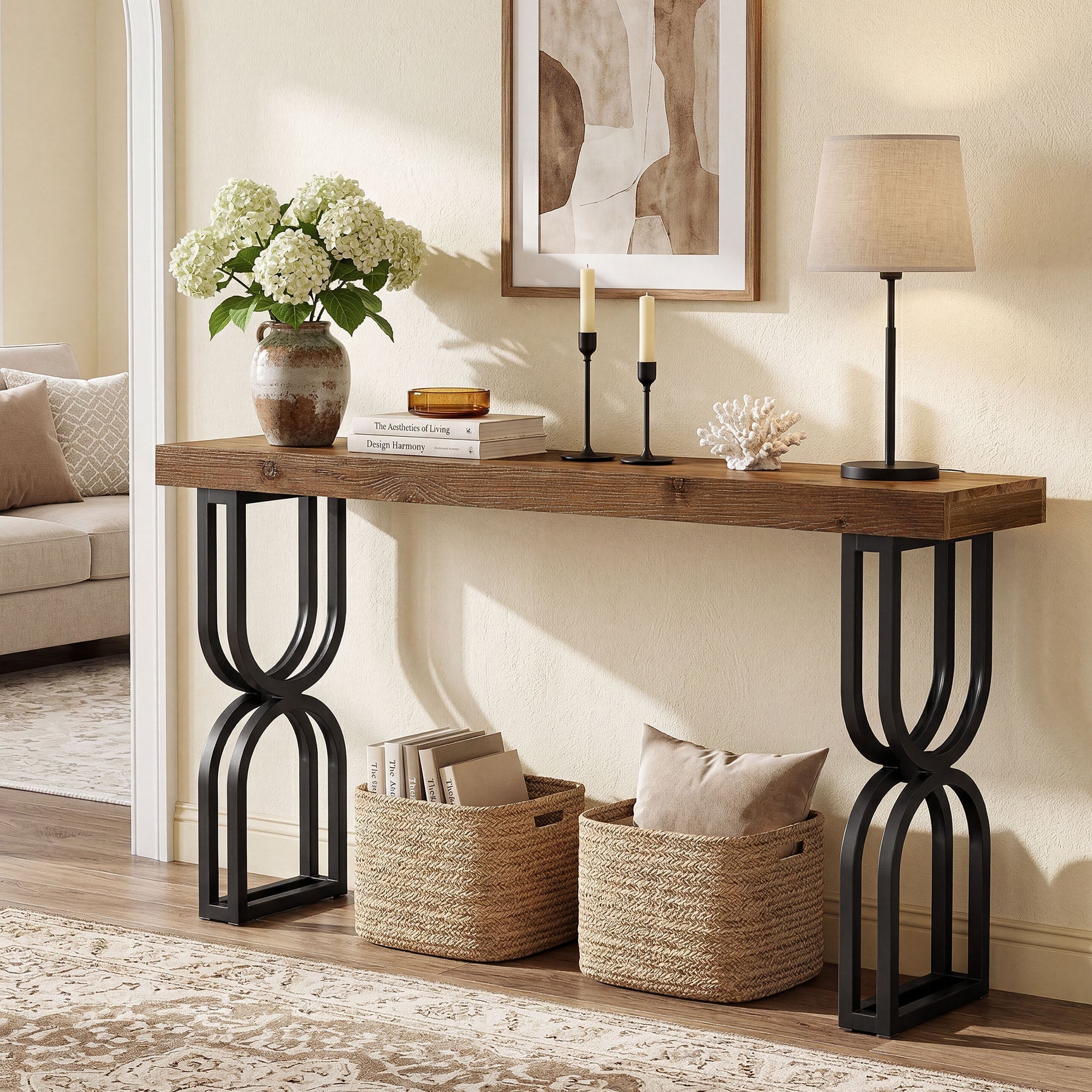 Tribesigns Mesa consola de madera maciza de 150 cm con patas metálicas en forma de U para recibidor